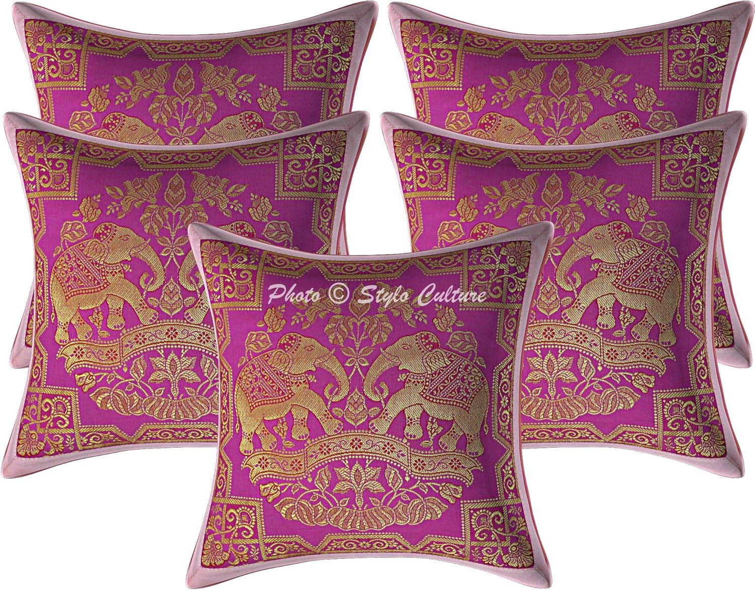 Ethnic Decorative Couch Sofa Toss Throw Pillow Cases 30x30 cm Brocade Bedroom Baby Pink Elephant Jacquard Square Luxury Zippered Bohemian 12x12 Inch Cushion Covers - 5 Pcs