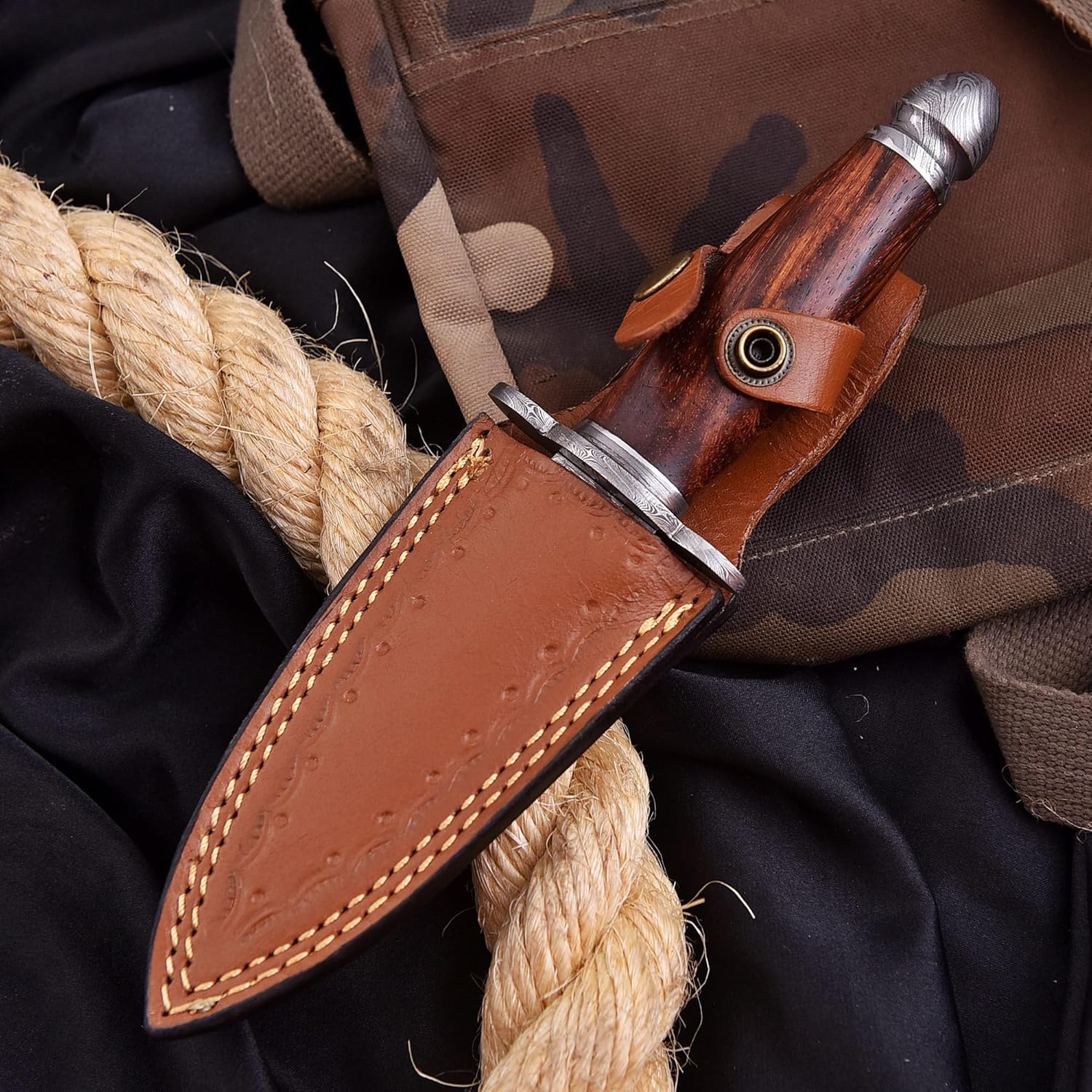 Handmade Damascus Dagger - Double Edge Knife, 8.5 in Edc Fixed Blade for Hunting Wood Handle Leather Sheath (Brown1)