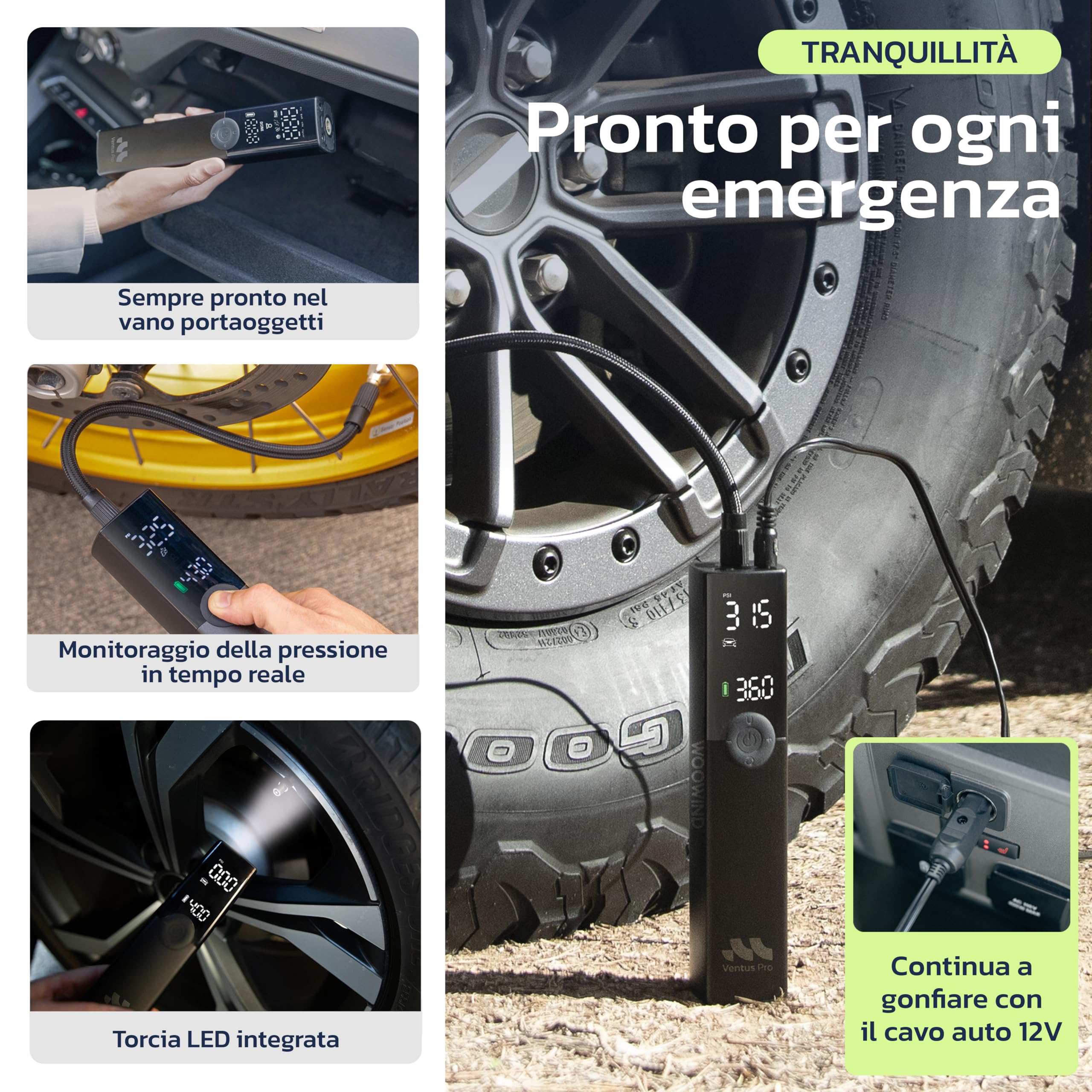 Woowind Compressore Aria Portatile Auto Premium, Gonfia Gomme Auto, 2X Più Veloce, 150PSI, Mini Compressore Portatile, Utilizzo Senza Fili o Con Cavo 12V, per SUV e Pickup, Spegnimento Automatico