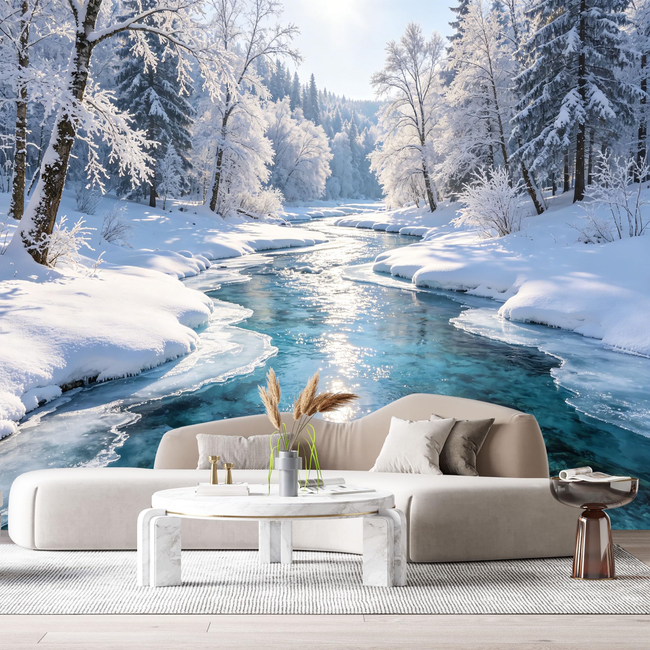 Custom Size Wall Murals Winter River Landscape Snow Forest Frozen Stream Water Reflection SelfAdhesive Wall Fabric Removable Large Wallpaper for Photo Living Room