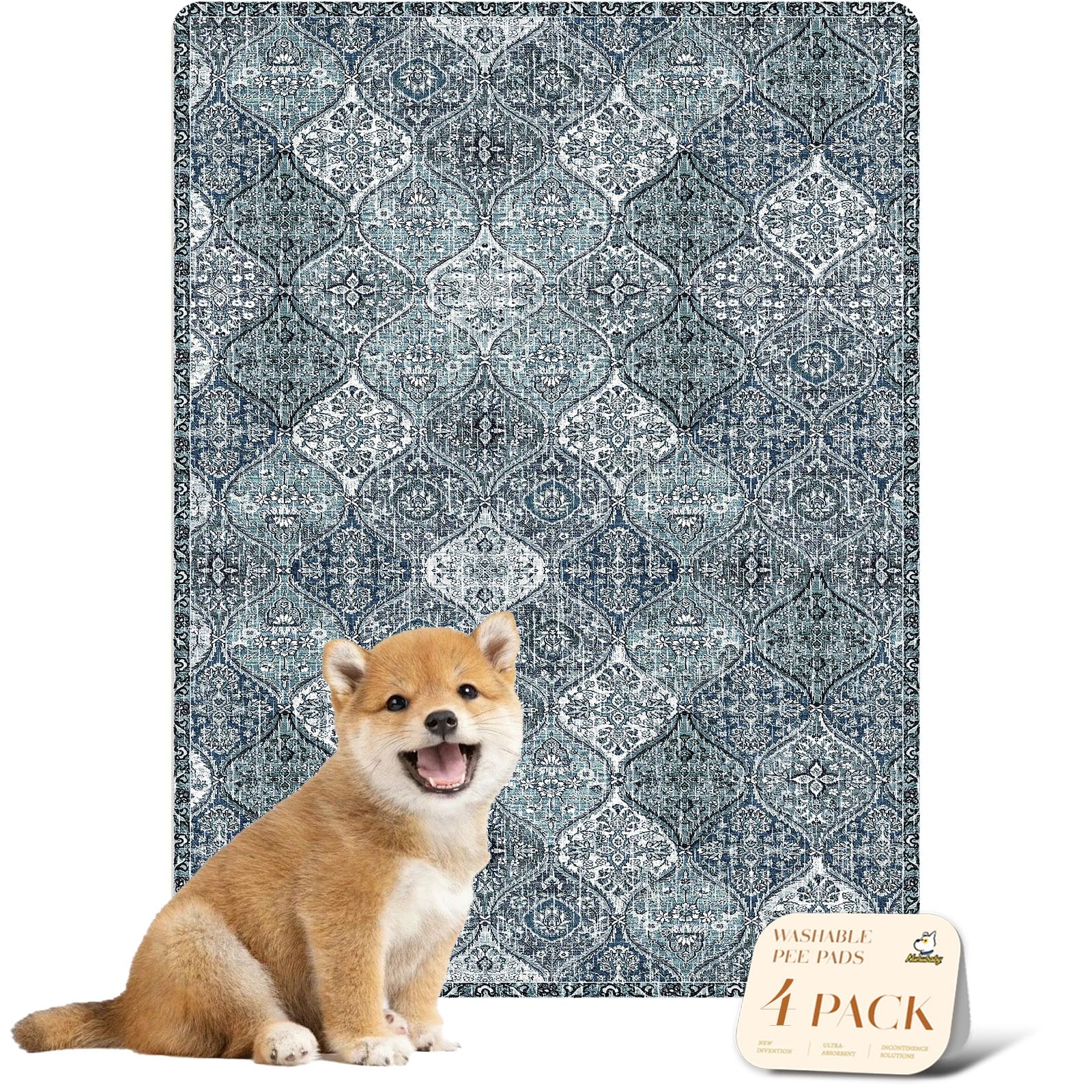 nunubaby 4PACK Washable Pee Pads for Dogs, Stylish, Non-Slip and Leak-Proof Pee Pads. Reusable Potty Pads for Dogs for Crates and Floors.(Blue/Multi,18" x24" )