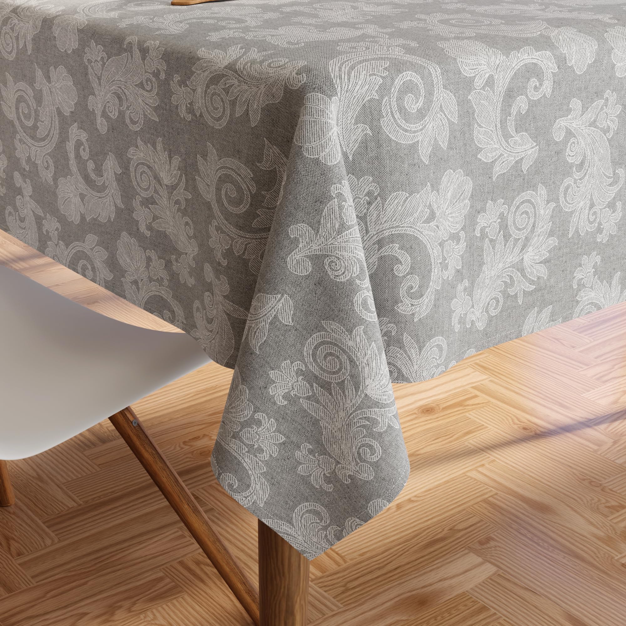 Encasa XO 8 to 10 Seater Dining Table Cloth 145x300 cm (57x118 in) I Floral Grey Jacquard Style Print on Chambray Homespun Cotton I for Family Gatherings Parties I Washable