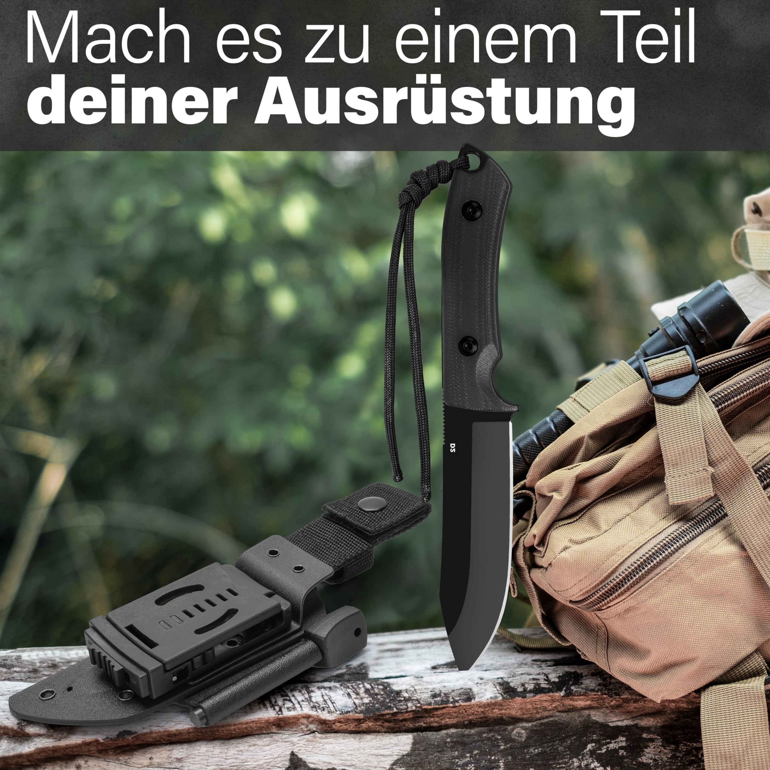 GREIFS® Outdoor-Messer aus D2 Stahl mit Kydex Holster und Feuerstahl, edles Survival Messer für die Bushcraft Ausrüstung, Jagdmesser, Schnitzmesser, Fahrtenmesser (Milan/Schwarz)