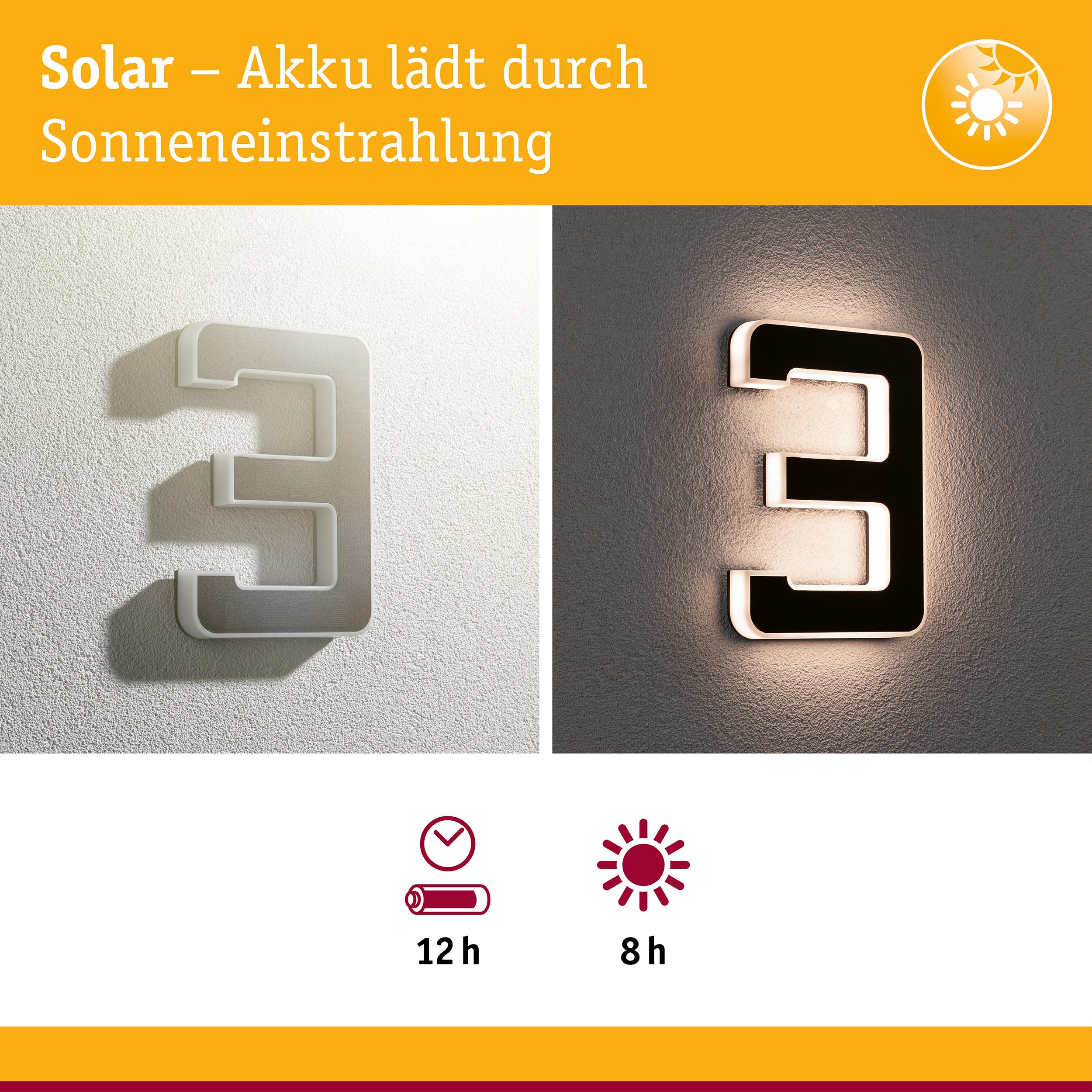 Paulmann 79844 LED Solar Hausnummer 3 IP44 Warmweiß Akku wechselbar incl. 1x0,2 Watt Solarleuchte Schwarz Solarlampe Kunststoff Solarlicht 3000 K