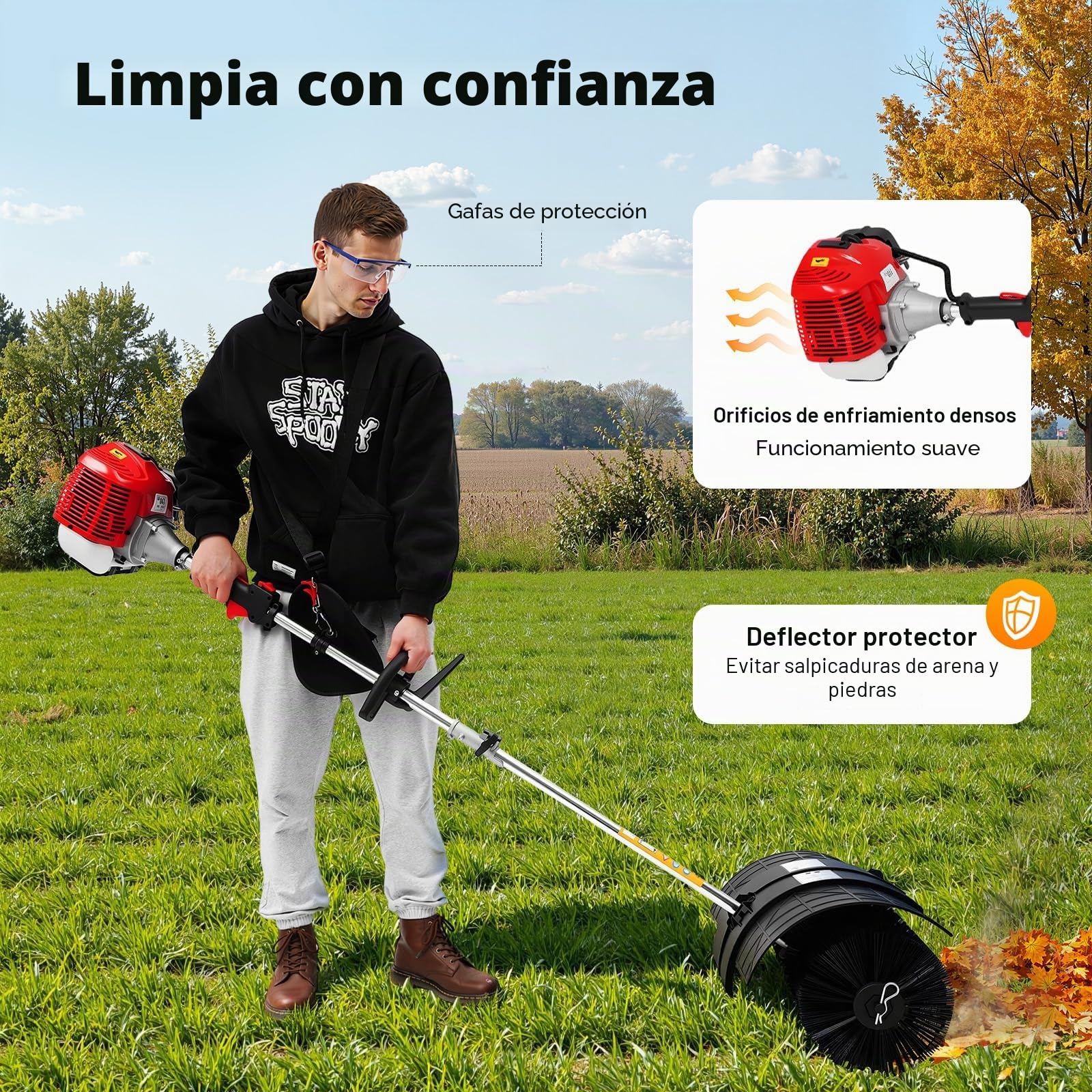 Barredora de gasolina de 52 CC, 2 tiempos, 1,7 kW, 2,3 CV, motor de gasolina Broom, dispositivo de mano/lateral colgante, barrido, limpieza para avenidas, césped (A)