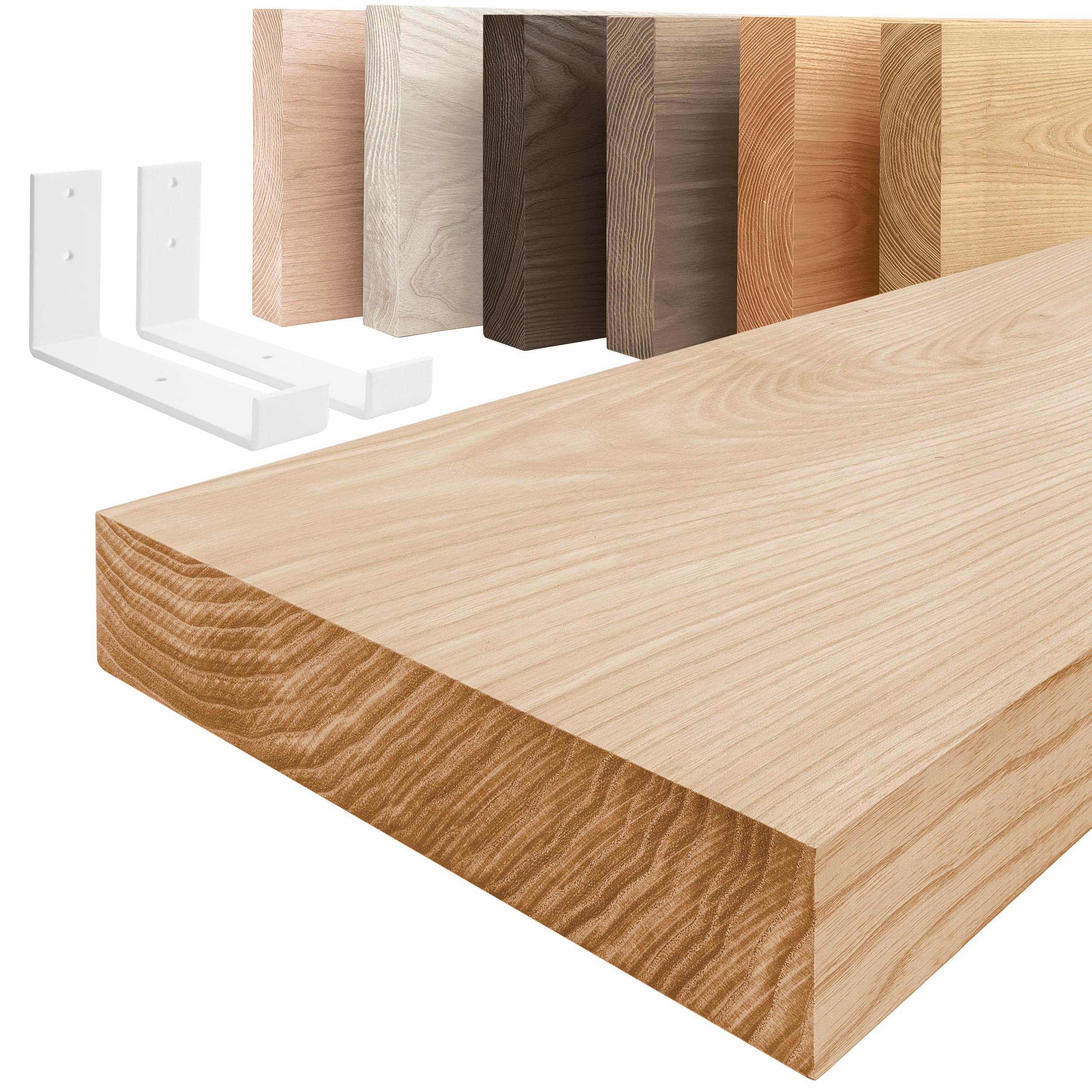 LAMO Manufaktur Étagère Murale avec Supports en J Blancs | Étagère 120 cm Largeur pour Salon, Espace de Travail Style Industriel | Couleur: Naturel, Bord: Droit | Qualité Artisanale, Bois Massif