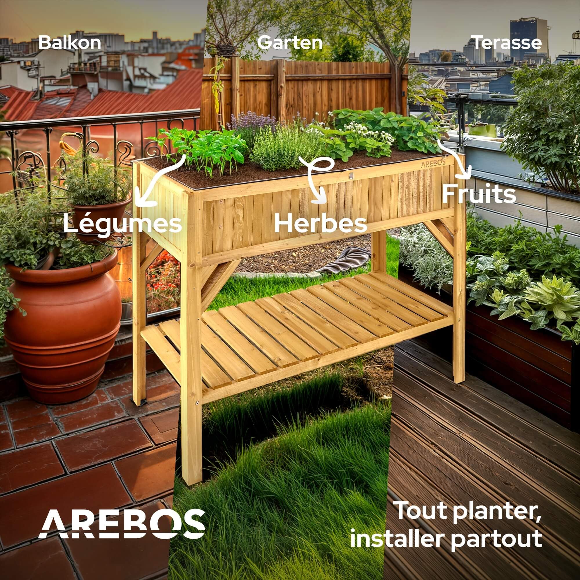 Arebos Jardinière surélevée en bois avec compartiment de rangement | Pour jardin, balcon et terrasse | Intérieur équipé d'un non-tissé de protection | 119 x 53 x 90 cm