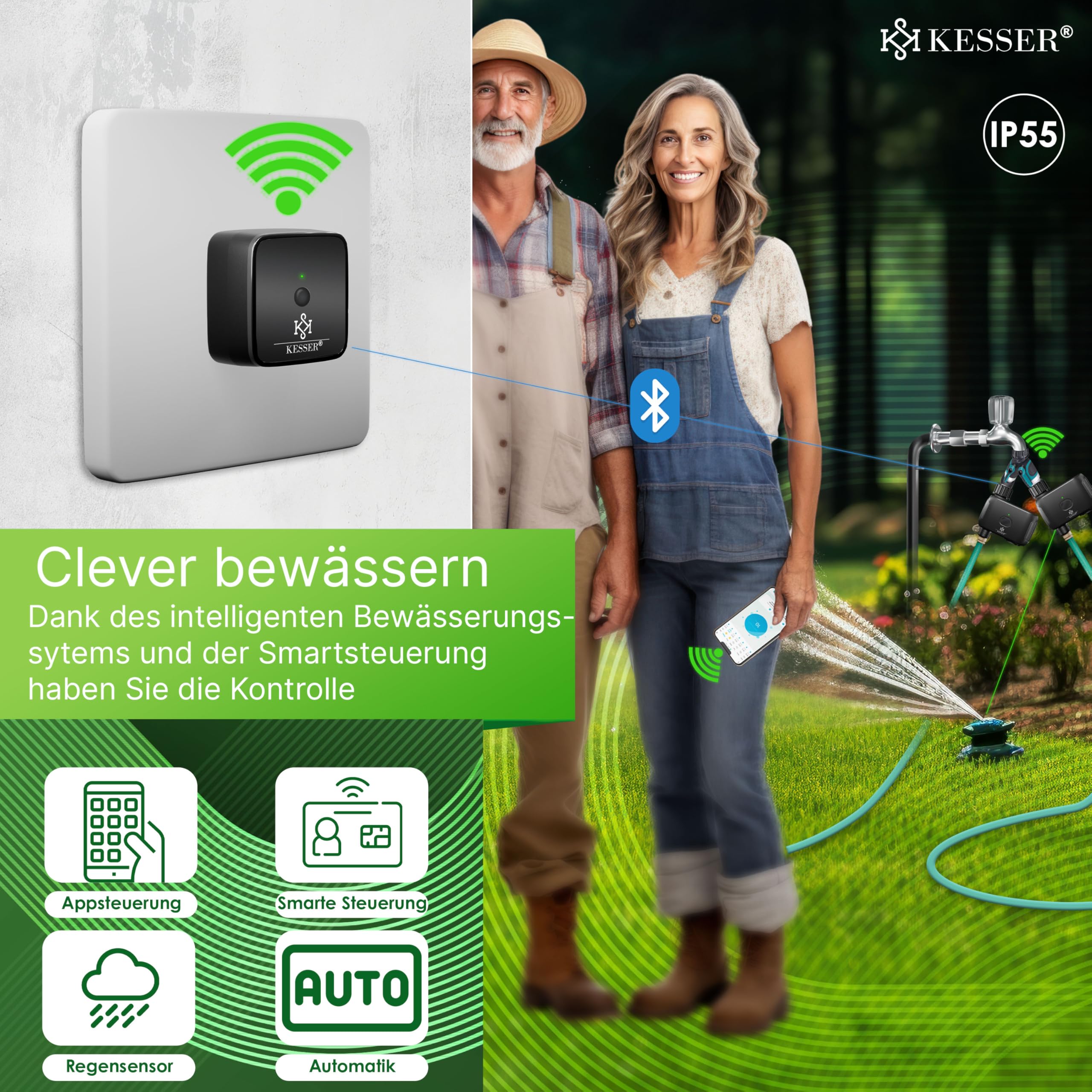 KESSER® Bewässerungssteuerung mit WLAN WiFi | Bewässerungscomputer für Garten & Balkon | Bewässerungssystem mit Zeitschaltuhr | Automatische Bewässerung App & Sprachsteuerung | Schwarz