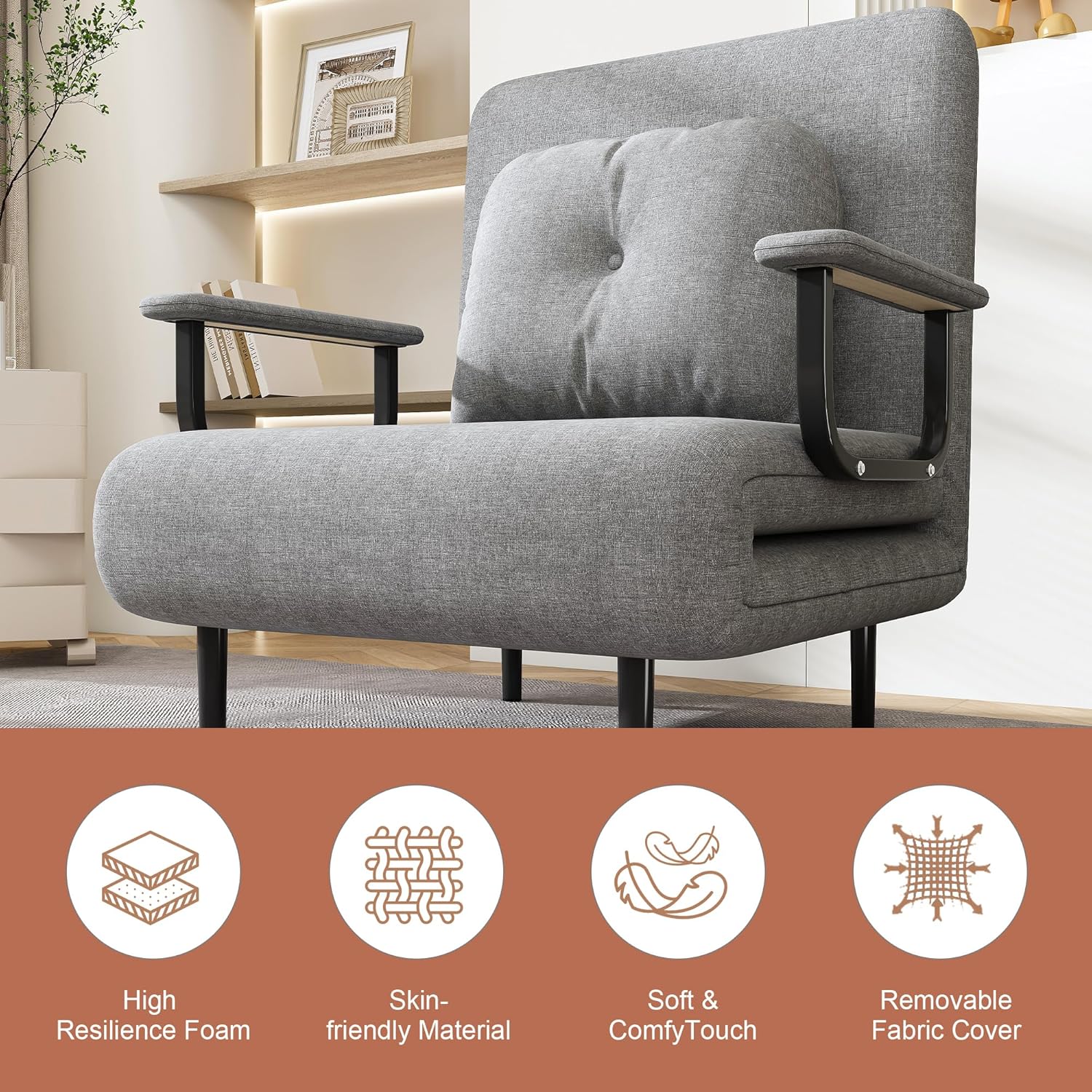 3-in-1 Folding Sofa Bed Convertible Armchair 5-Position Adjustable Backrest Recliner Sleepe with Pillow Accent Chair for Living Room,Bedroom,Office (Grey)