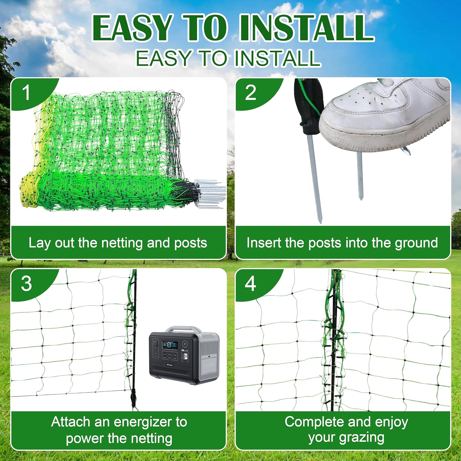 Electric Fence Netting, 35.5" x 164' Electric Poultry Netting with Fiberglass Posts and Double-Spiked Stakes, Utility Portable Mesh for Poultry in Backyards, Homesteads, Farms and Ranches