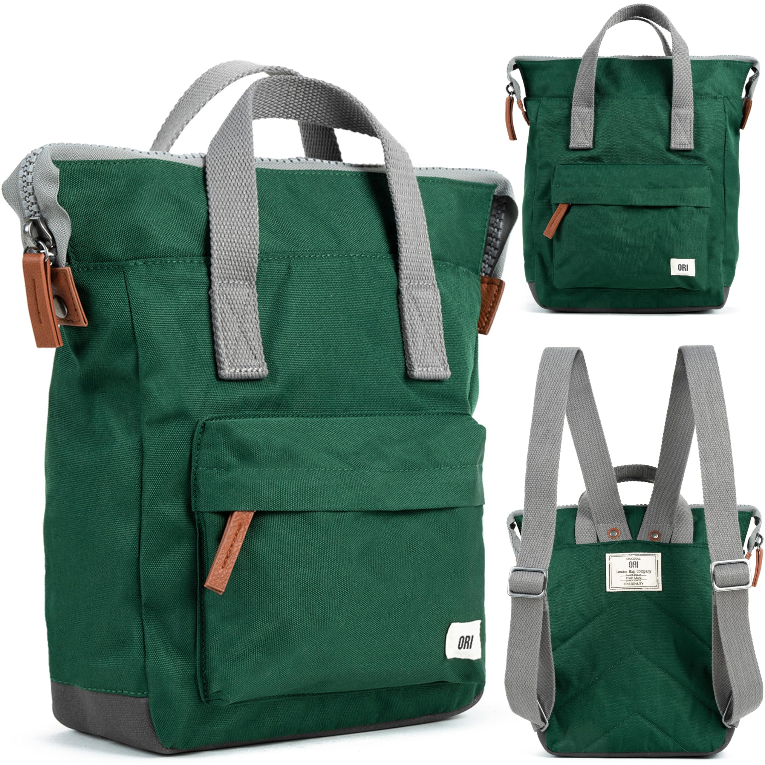 ORI LONDON Small Tote Bag Backpack - Nylon Tote Backpack for Women & Men - Wide Mouth, Chunky Zippers - The Bantry, Forest