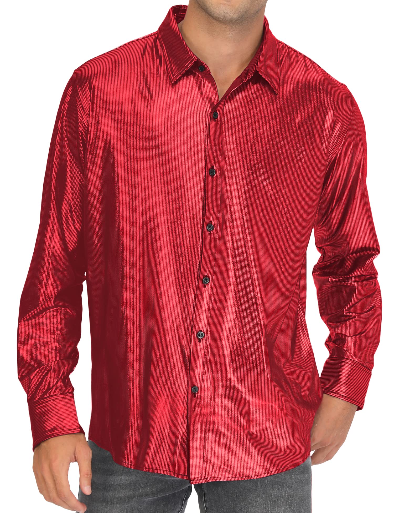 LecGeeMen's Regular 70s Disco Shirts Metallic Sequins Long Sleeve Button Down Dress Shirts Nightclub Prom Party Costume, Red#1, XL