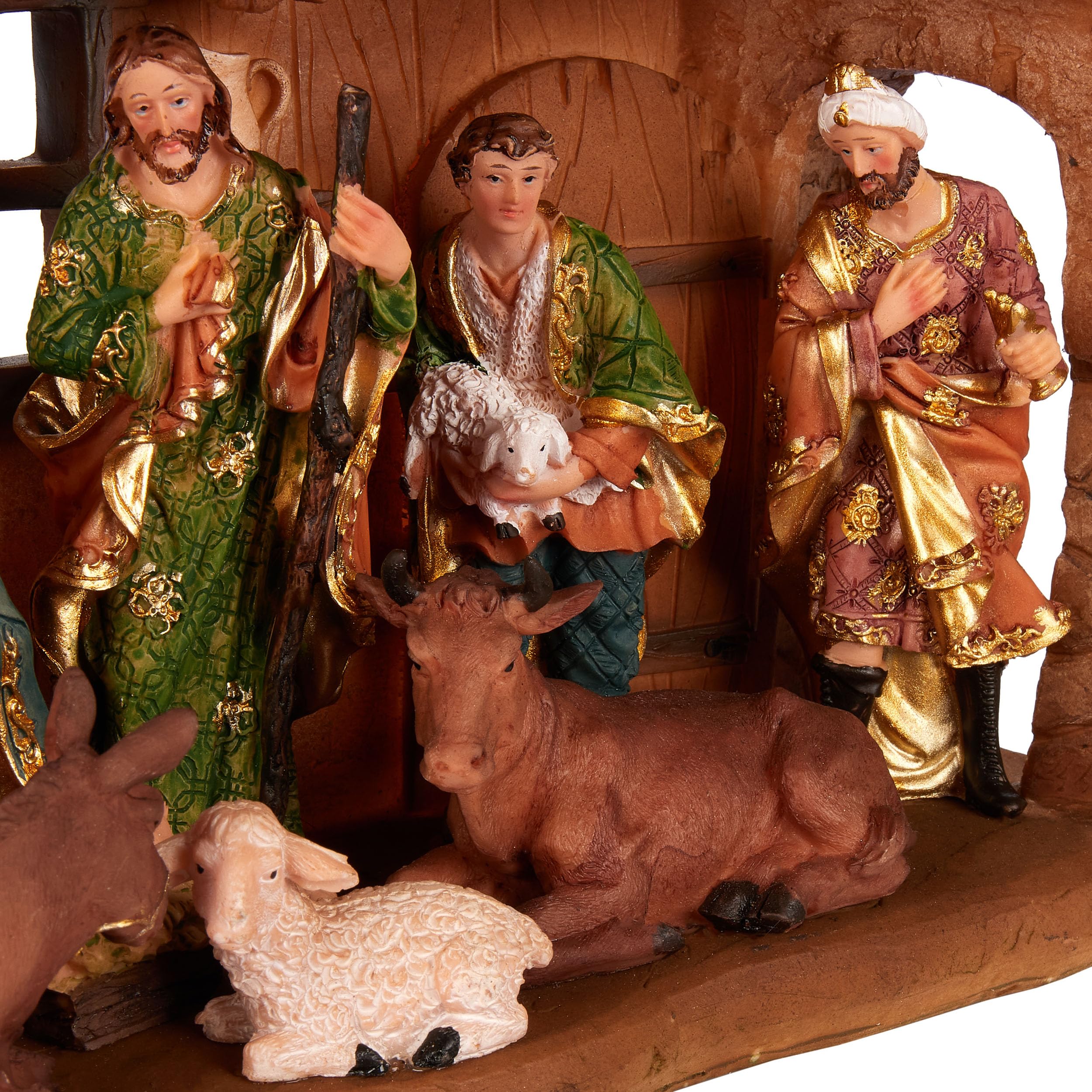 BRUBAKER Weihnachtskrippe - 40 cm Tischkrippe Weihnachtsfigur mit handbemalten Figuren Jesus, Maria, Josef und die Könige im Krippenstall unterm Stern - Krippenfigur Tischdekoration aus Polyresin