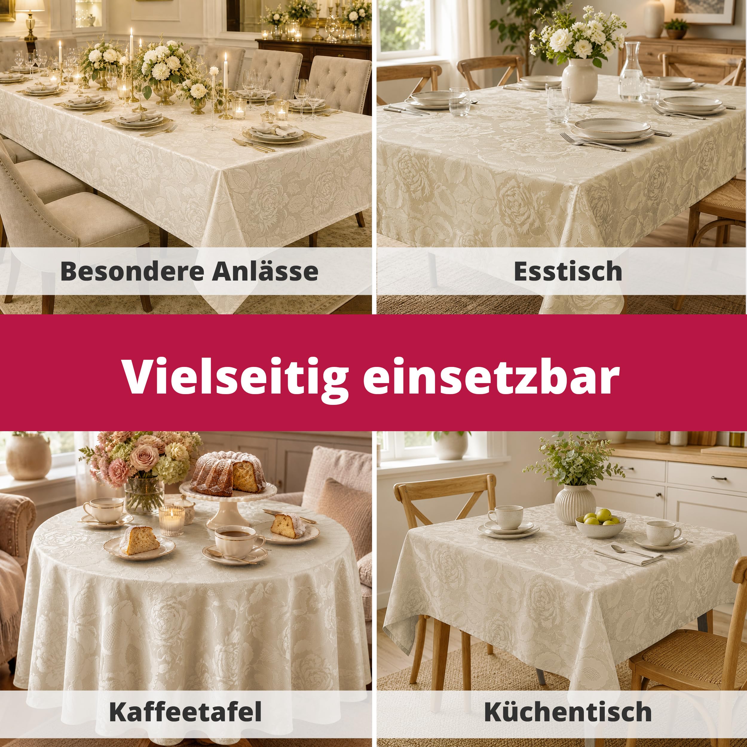 DecoHomeTextil Retro Tischdecke Rosalia mit feinem Rosenmuster – Für eine warme, Elegante Tischatmosphäre, Rechteckig 160 x 320 cm Champagner, der Klassiker