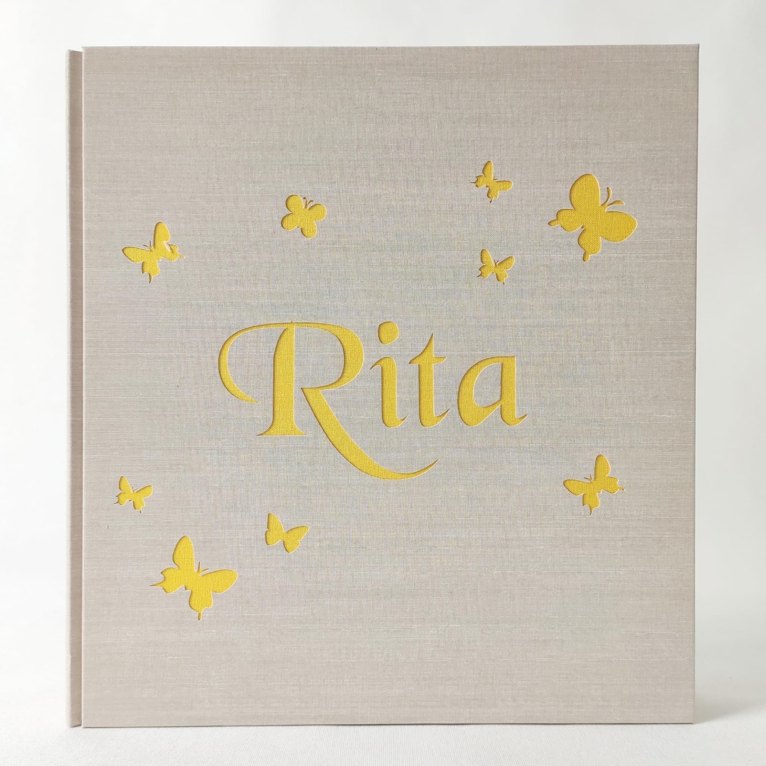 Album fotografico in TELA DI LINO FARFALLE con NOME BAMBINA INCISO E PERSONALIZZABILE A TUA SCELTA regalo originale NASCITA-BATTESIMO-COMPLEANNO-PRIMA COMUNIONE-CRESIMA COLORI PERSONALIZZABILI