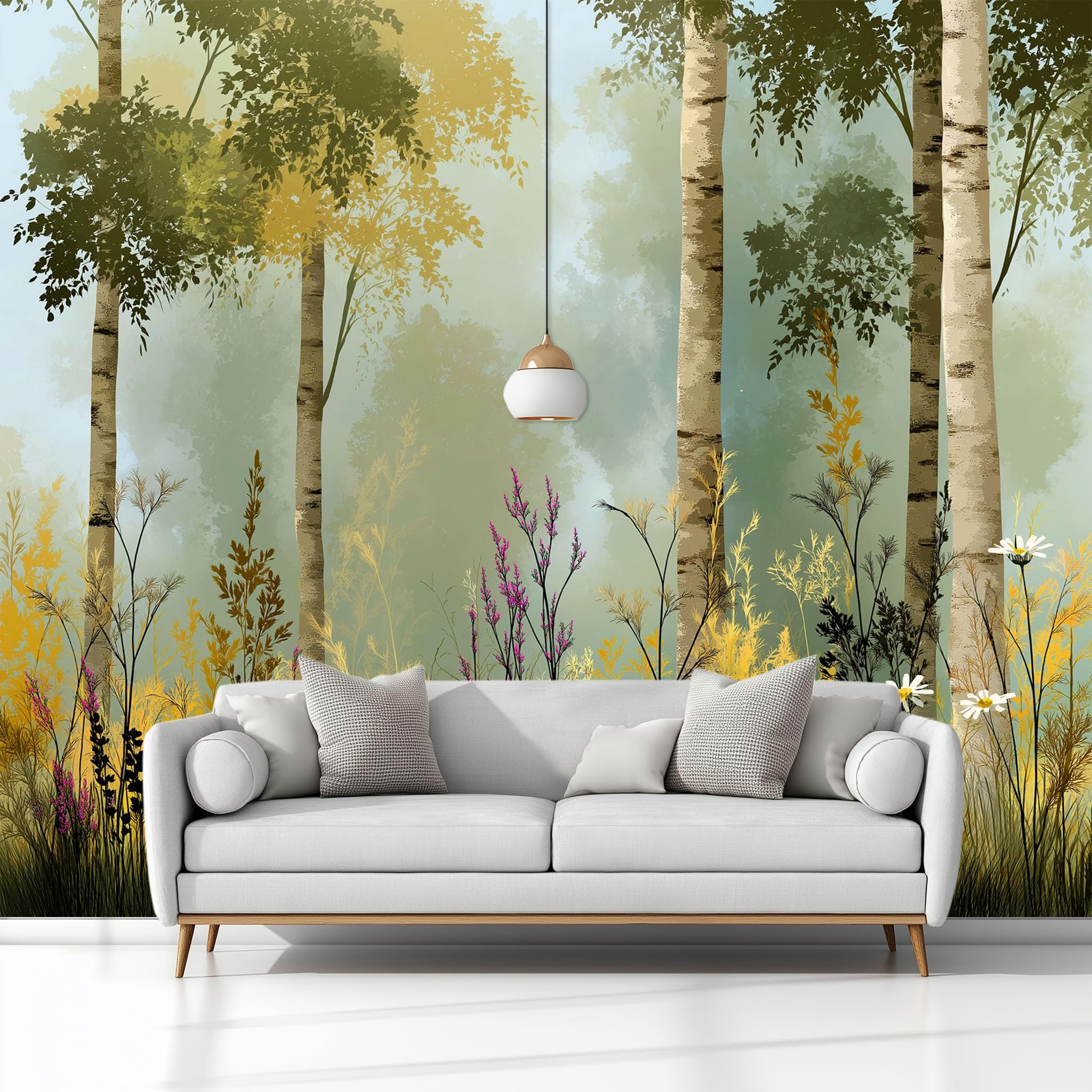 Fototapety ręcznie rysowane lasy dzikie kwiaty brzozy 350 x 256 cm tapeta z włókniny, zielona fototapeta do salonu sypialni biura dekoracja ścienna mural