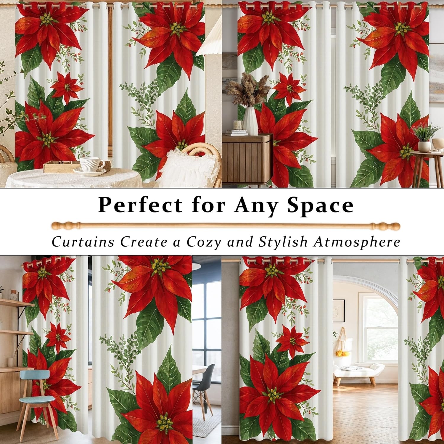 Poinsettia Blackout Curtains, Holiday Floral Leaf Flower Christmas Red Machine Washable Window Curtain Panels for Living Room Home Office Window Decor 52x63 Inch