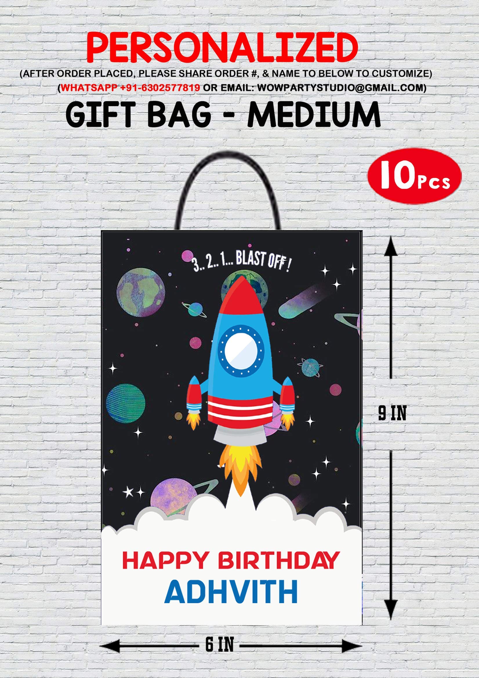 WoW Party Studio Personalized Space Astronaut Theme Happy Birthday Decorations Return Gift Bag with Birthday Boy/Girl Name - Pack of 10 Pcs (Black, Grey)(Cardstock)