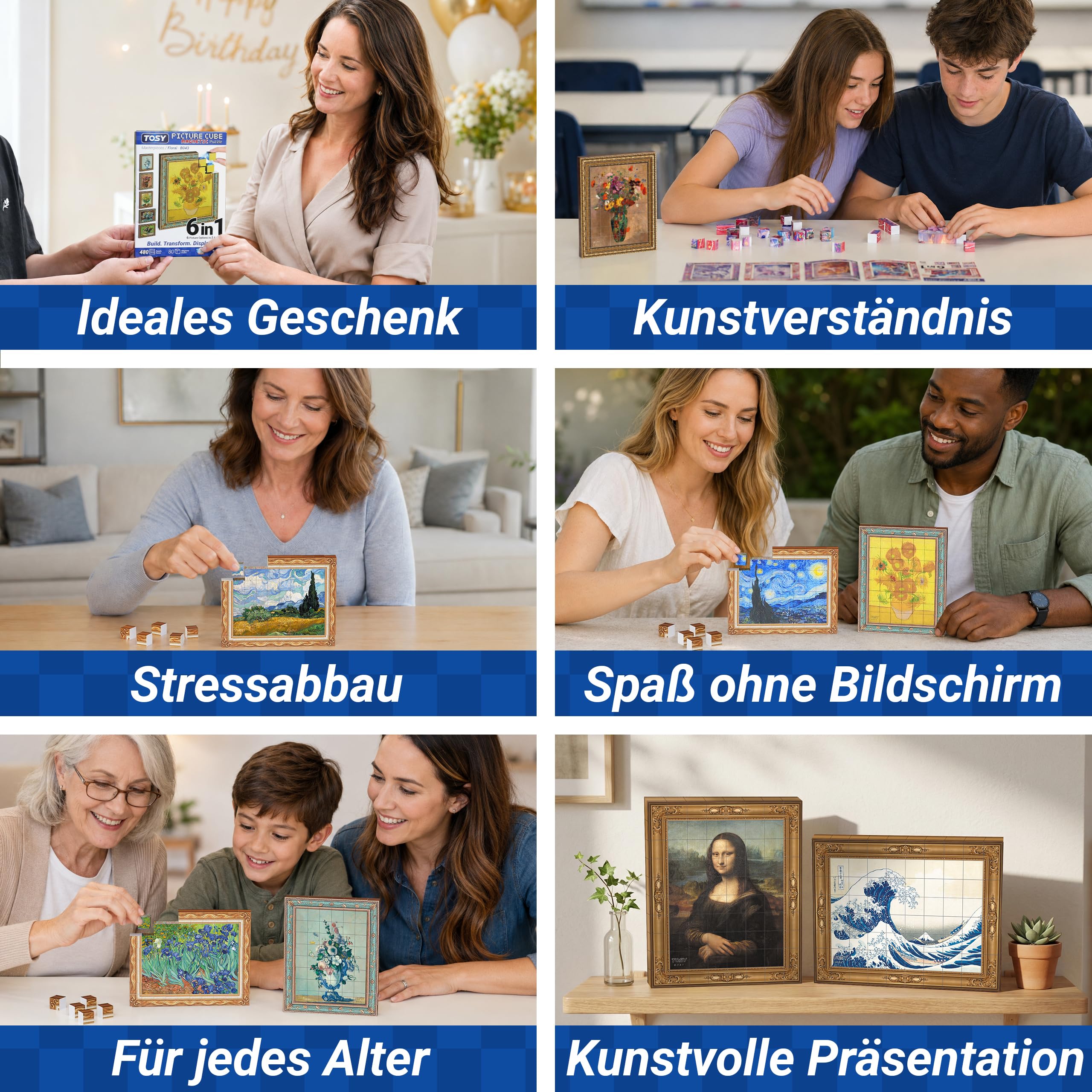 TOSY Picture Cube Iconic Masterpieces: 6-in-1 magnetisches Bilderpuzzle, 80 Blöcke, 488 Flächen/Magnete, 0,6 Zoll, B041, Nahtlose UV-Kunst, Display-Rahmen, Sammelstück, STEM/STEAM Geschenk