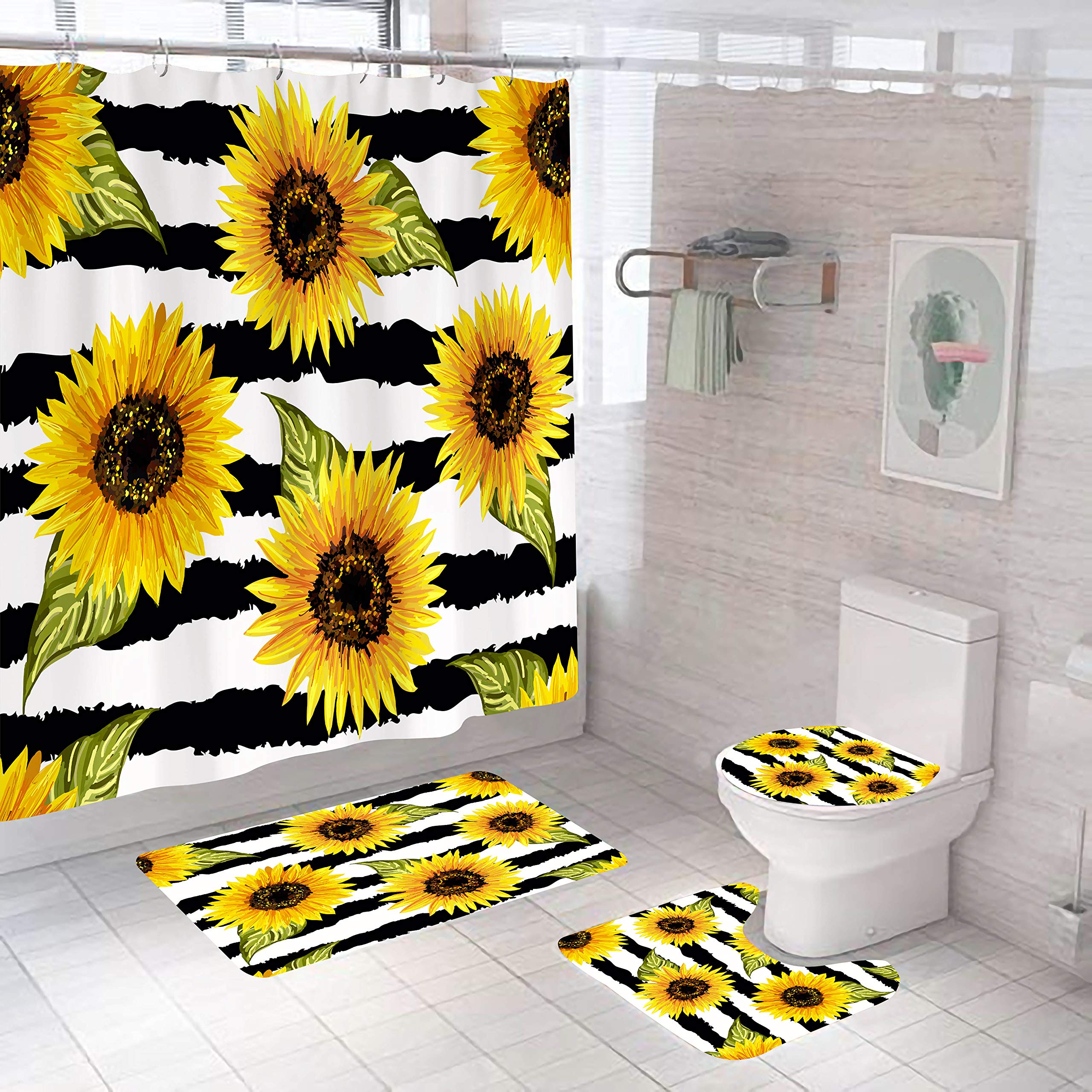 Badematten & Badteppiche Set 4 Teilig Badezimmerteppich Waschbar Badematte rutschfest,Wc Vorleger Mit Ausschnitt Badematte Und Duschvorhang,Badvorleger Toilette Teppich 50×80Cm Sonnenblumen