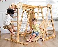 Vista 1 de Avenlur Juego de juego interior 7 en 1 para niños de 2 a 6 años con tobogán, pared de escalada, escalera, red, barras, columpio, anillo - EE. UU
