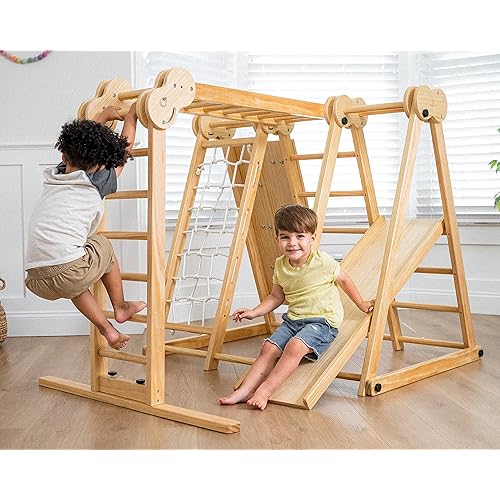 Avenlur 7-in-1 Indoor Playset for Kids 2-6 with Slide, Climbing Wall, Ladder, Net, Bars, Swing, Ring - USA