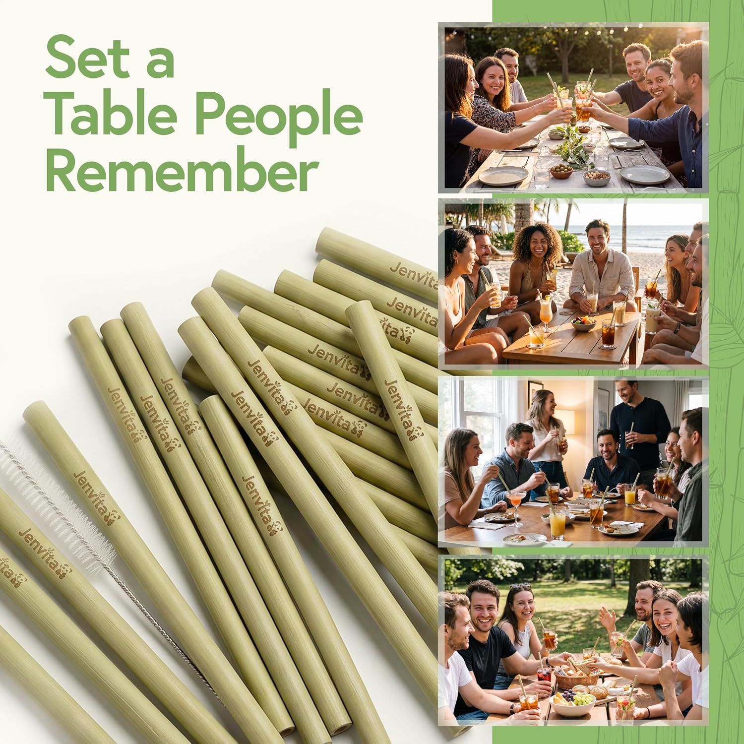 Jenvita 100% Bamboo Straws, 10 Pack, 8 Inch Reusable with Cleaner