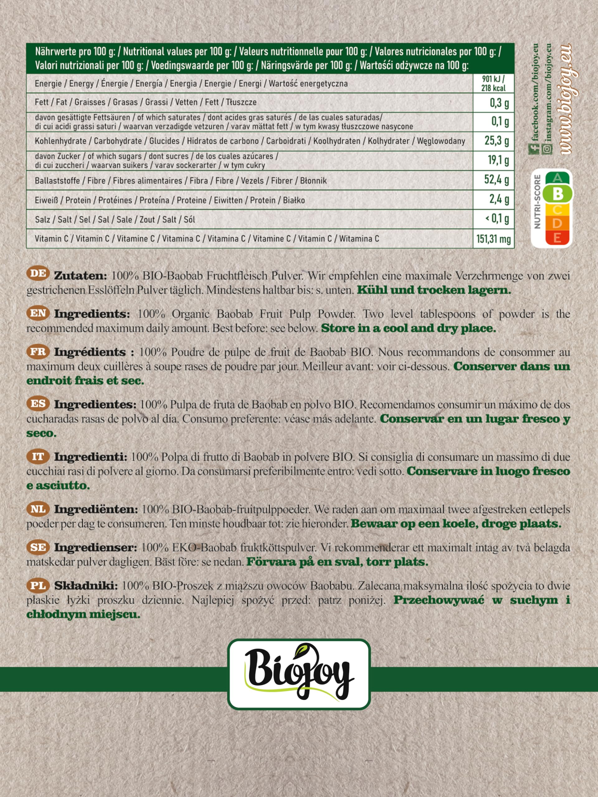 Biojoy Baobab en Polvo BÍO (1 kg), Fruta molida y cruda, sin aditivos (Adansonia digitata)