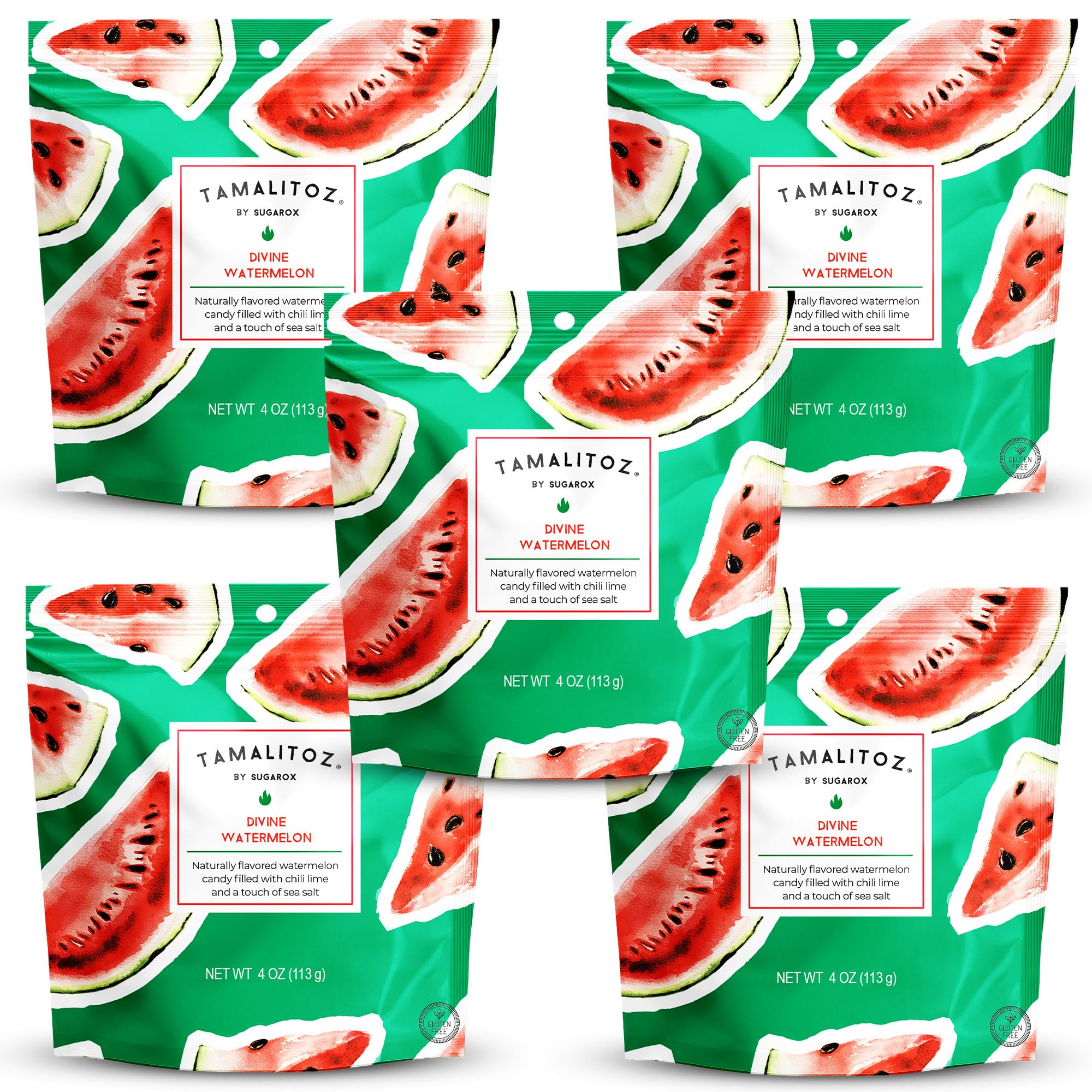 Tamalitoz Divine Watermelon – Spicy Watermelon Mexican Hard Candy Filled with Chile, Lime & Sea Salt – Handcrafted Fruit Candy, Gluten-Free, Kosher, No Artificial Colors, 5 Bags – 4oz Each