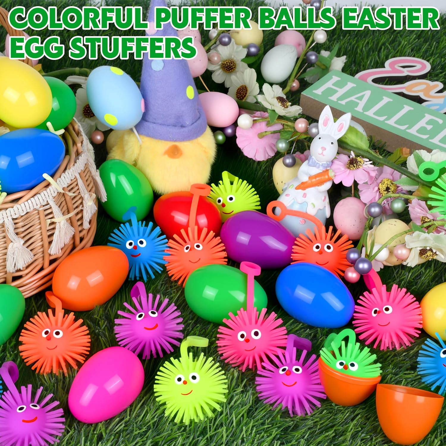 Seifar 24 Pack Easter Eggs Prefilled Egg Set, Plastic Eggs Filled with Flashing Puffer Balls, Easter Hunt Basket Stuffers with Stress Relief Fidget Toys Squeeze Ball for Egg Hunt Party Favor