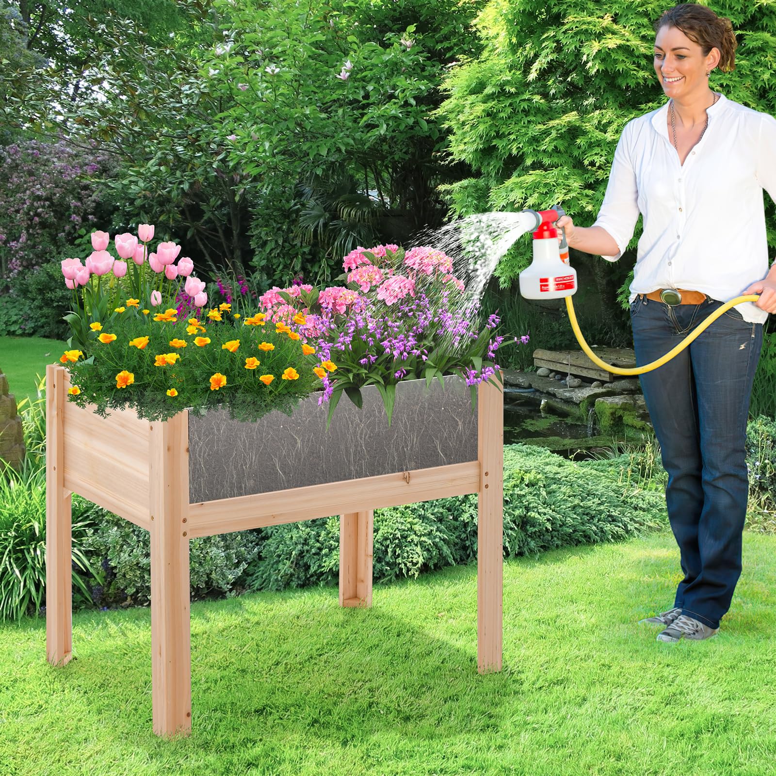 HOMASIS Orto Rialzato da Esterno in Legno di Abete, Fioriera Rialzata con Lastra Acrilica, Terrario per Animali con 2 Fori di Scarico, Aiuola Rialzata da Balcone, Giardino (75 x 46 x 61 cm)