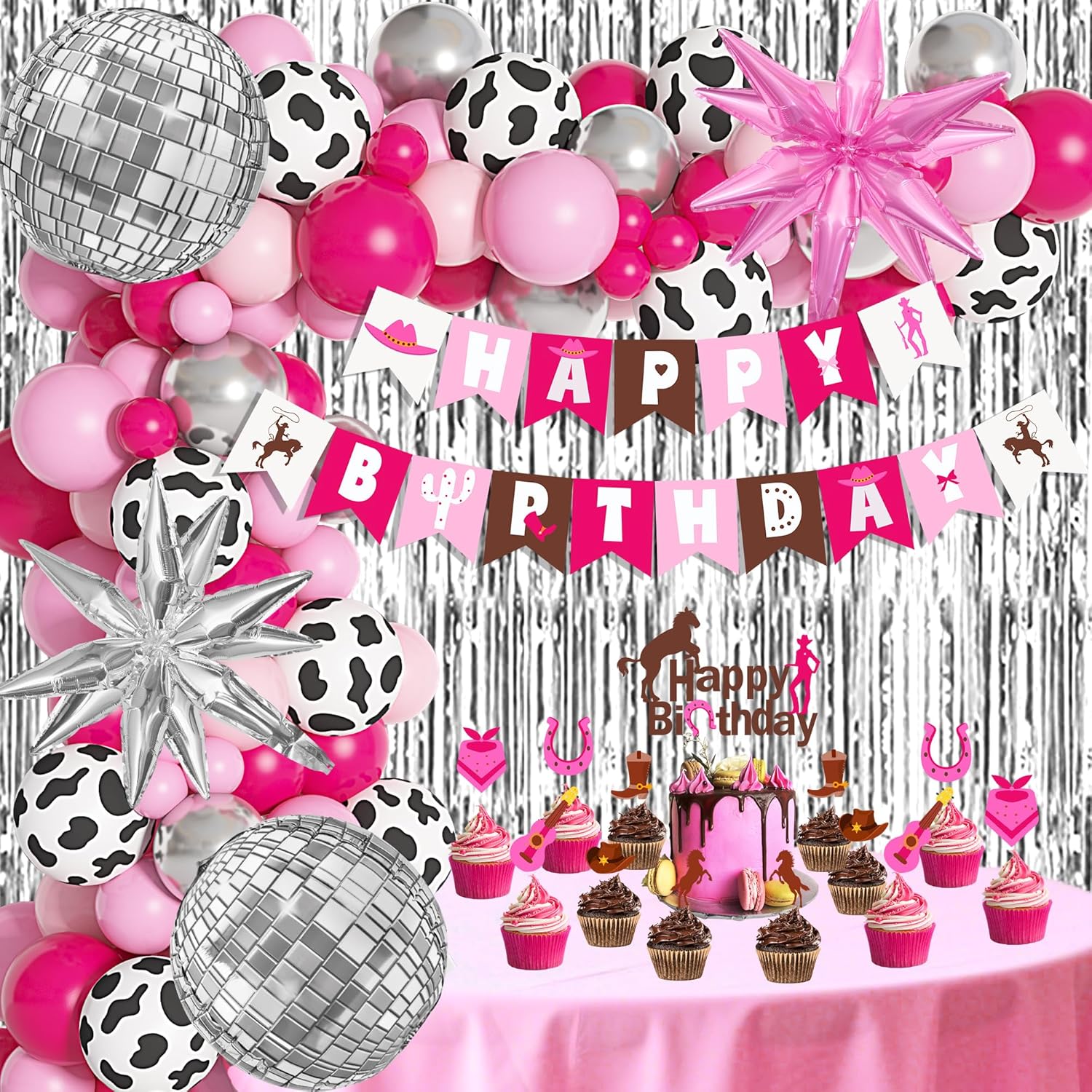 Amandir 108Pcs Western Cowgirl Birthday Party Decorations with Cow Print Cowgirl Balloons Backdrop Birthday Banners Cake Toppers for Retro Horse Rodeo Bachelorette Girls Hot Pink Silver Party