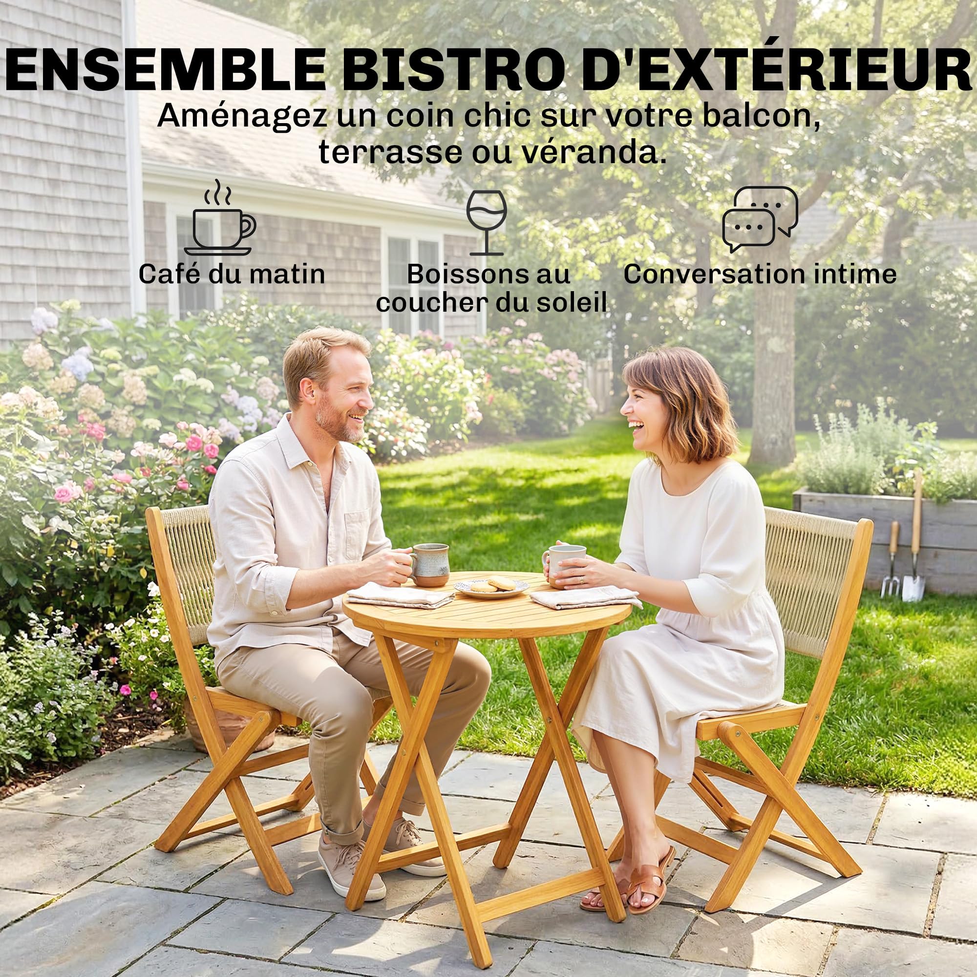 Outsunny Salon de Jardin 3 Pièces en Bois d'Acacia et Cordage PP - Table Ronde et 2 Chaises Pliables - Mobilier Extérieur Design Boho Naturel