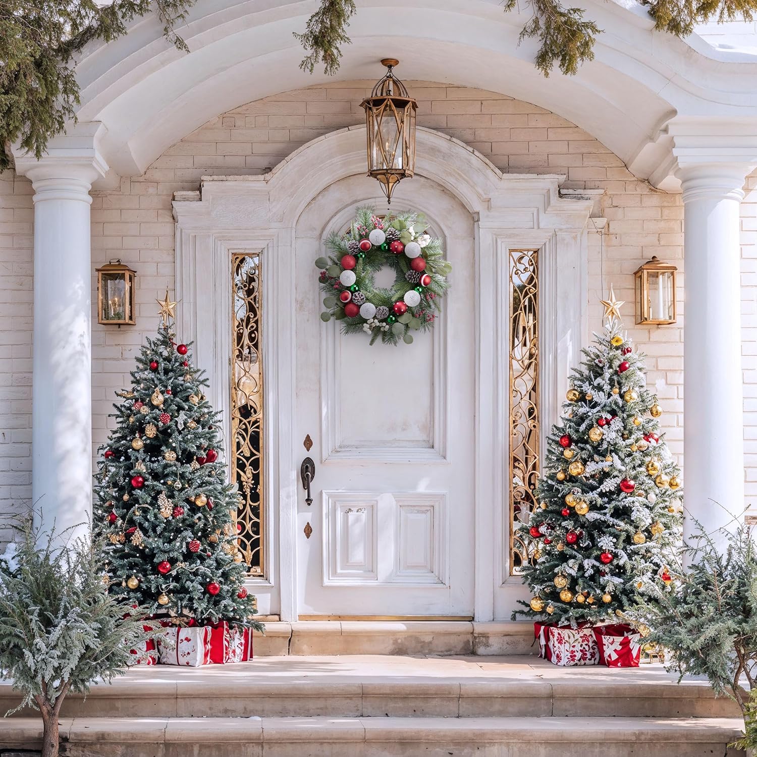 Valery Madelyn 20'' Pre-Lit Christmas Wreath for Front Door with Light, Lighted Christmas Door Wreath with Red Green White Xmas Ball Norfolk Pine Branch for Home Porch Fireplace Window Holiday Decor - Image 4