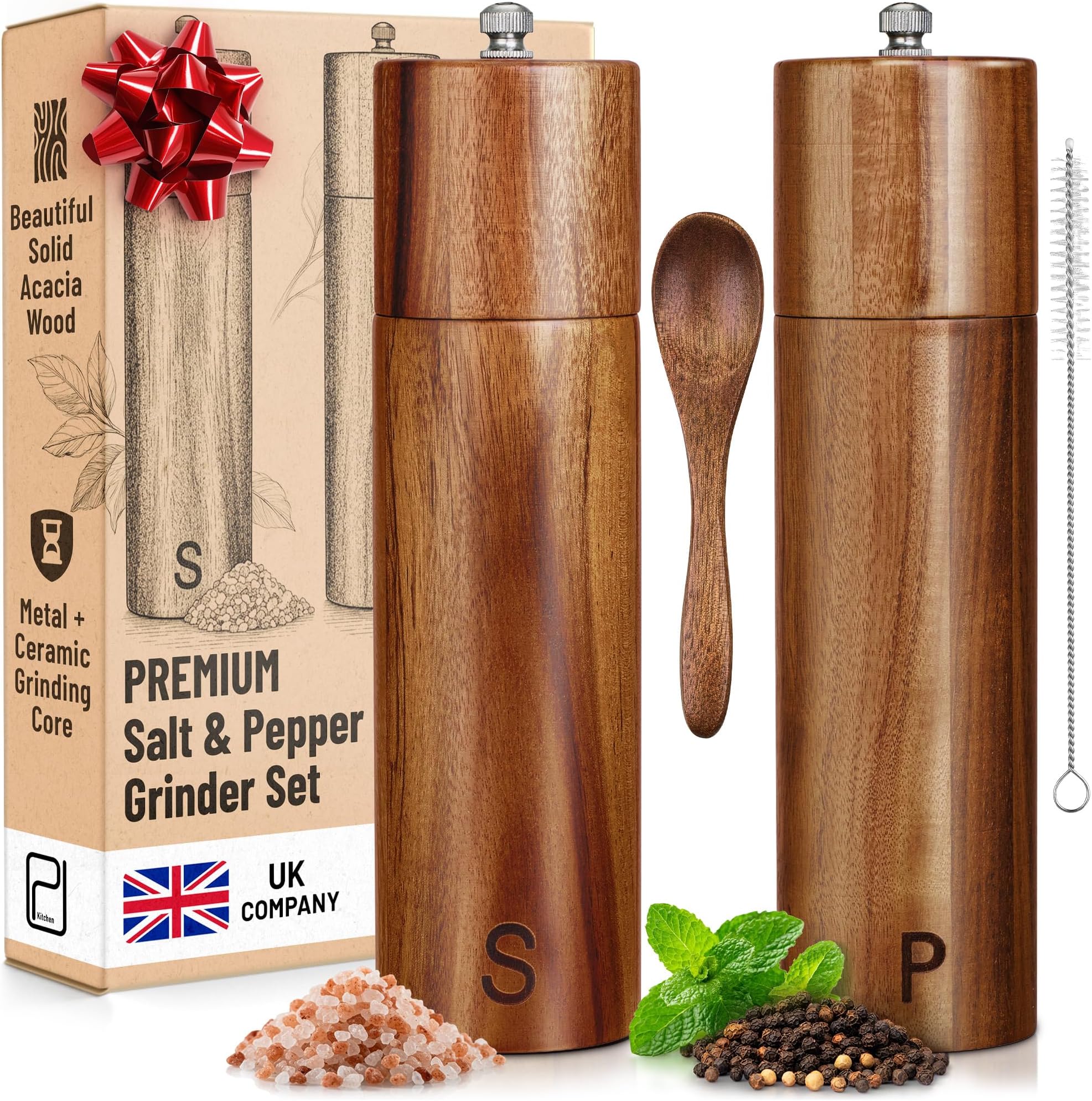Premium Wooden Salt and Pepper Grinder Set - 28 g / 1 oz Each, Acacia Solid Wood Mills - Refillable Coarse Grain Salt & Peppercorn Manual Twist Grinders - Modern or Rustic Home Table - by PJC-Kitchen