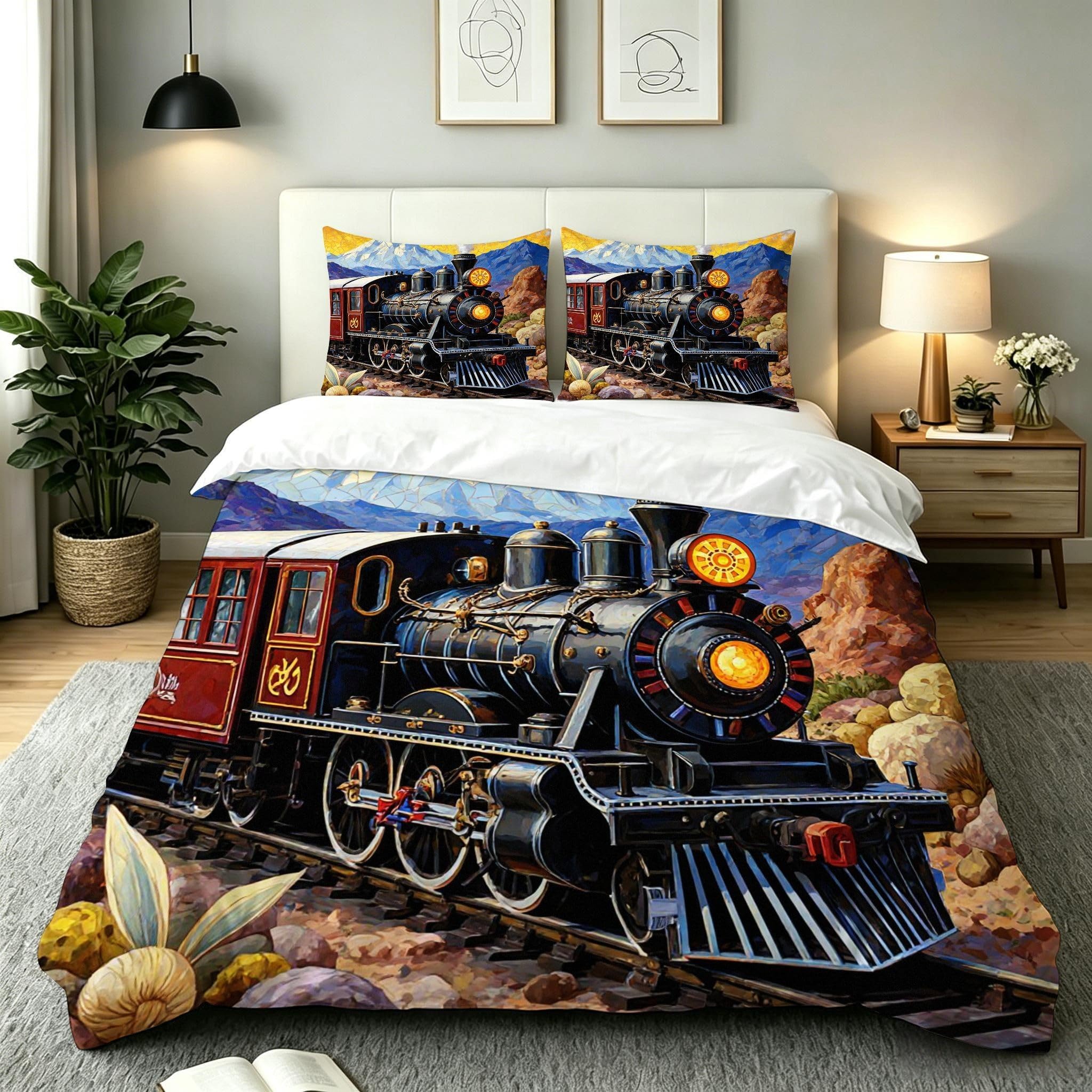 Housse de Couette 220x240 Train 3D parure de lit 2 personnes ensemble de literie