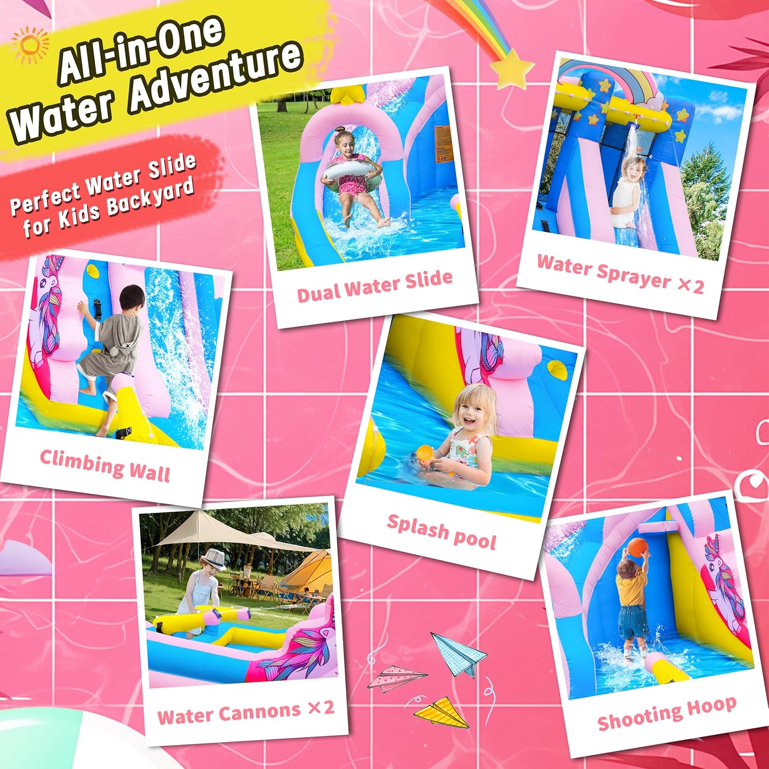 Culaluva Inflatable Water Slide: 6 in 1 Blow Up Bounce House for Kids 3-12 - Climbing Wall Splash Pool Cannon 2 Slides Basketball Rim - 550W Blower - for Backyard Outdoor Birthday