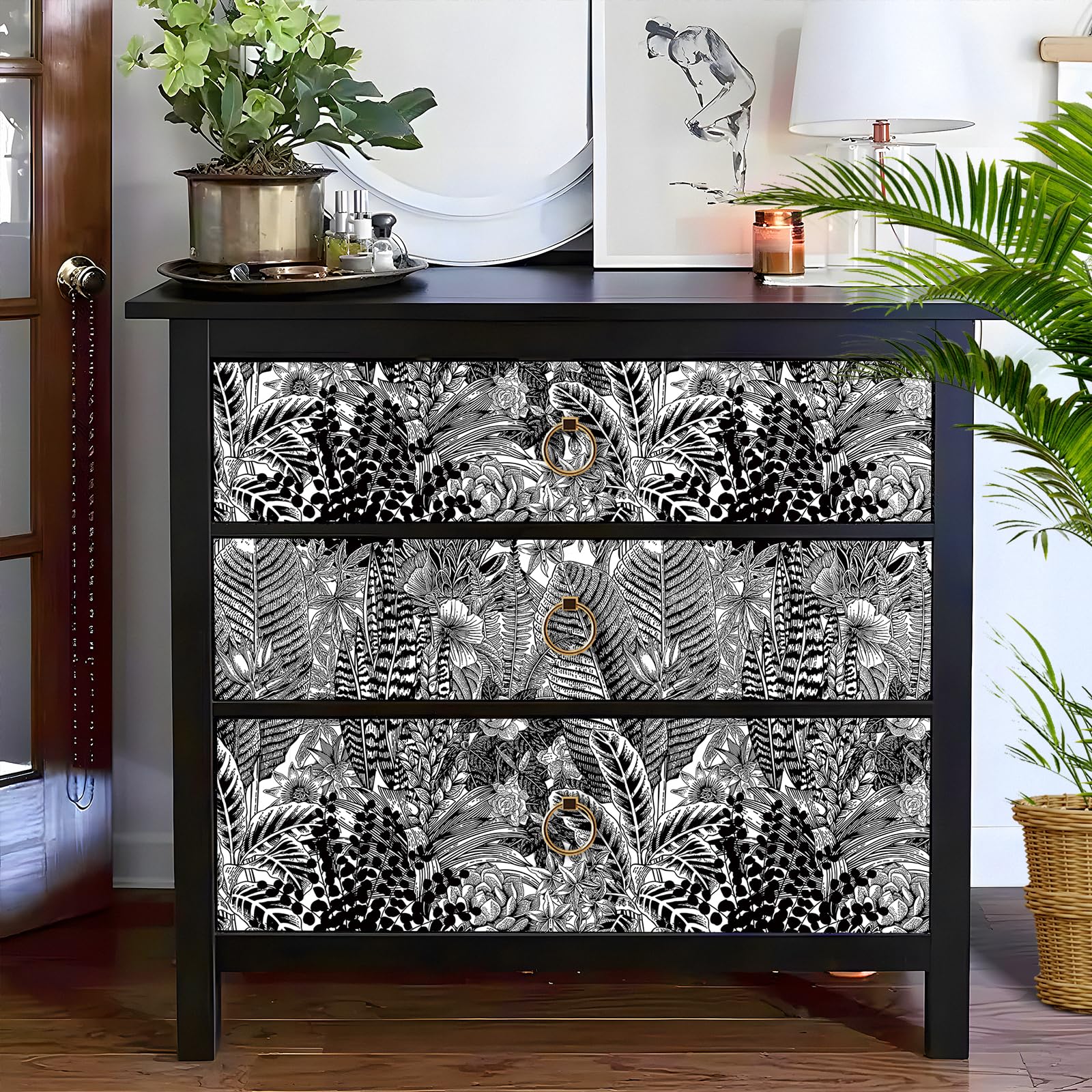 FunStick 44.5CMX9M Papel Pintado Pared Selva Blanco y Negro Papel Adhesivo para Muebles Flores Hojas Tropical Vinilo Adhesivo Dormitorio Revestimiento Pared Blanco y Negro Vinilos para Muebles Armario