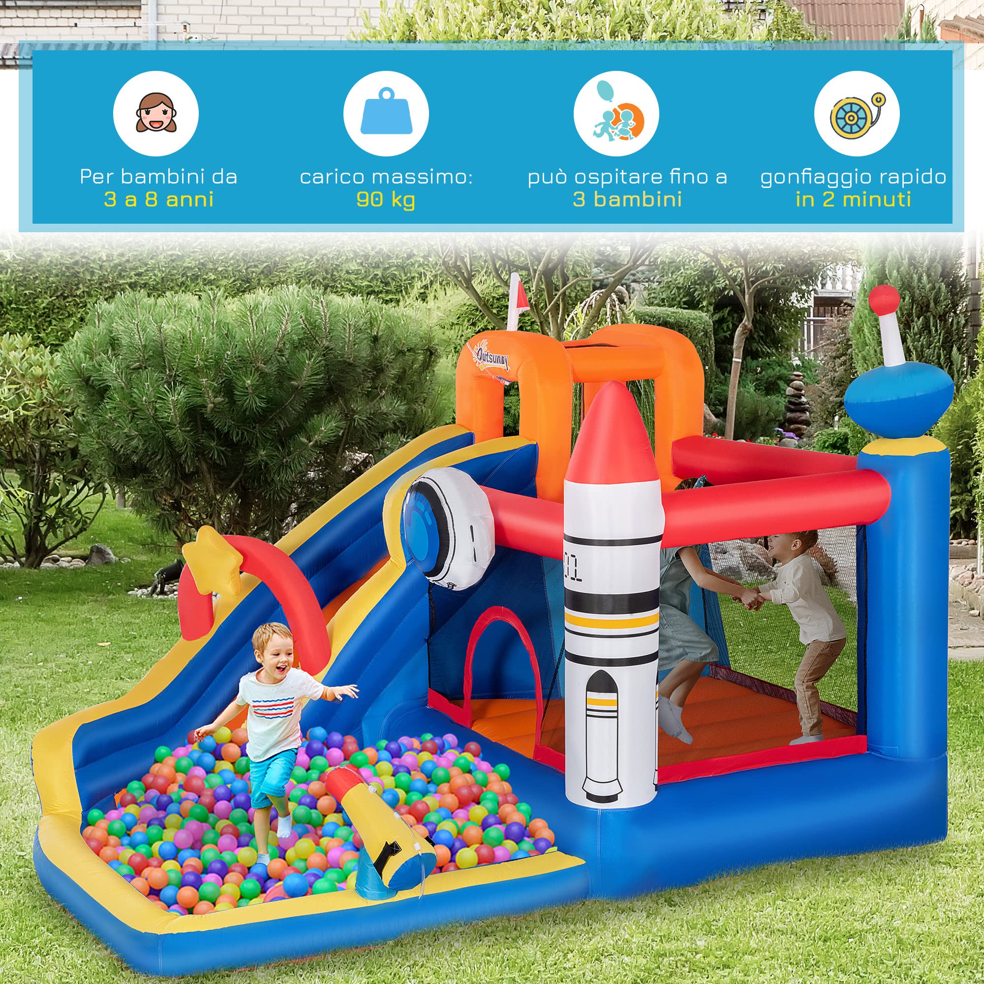 Outsunny Castello Gonfiabile per Bambini 3-8 Anni a tema Spazio con Borsa da Trasporto, 11 Paletti e Toppe Inclusi, in Tessuto Oxford, 340x270x227 cm