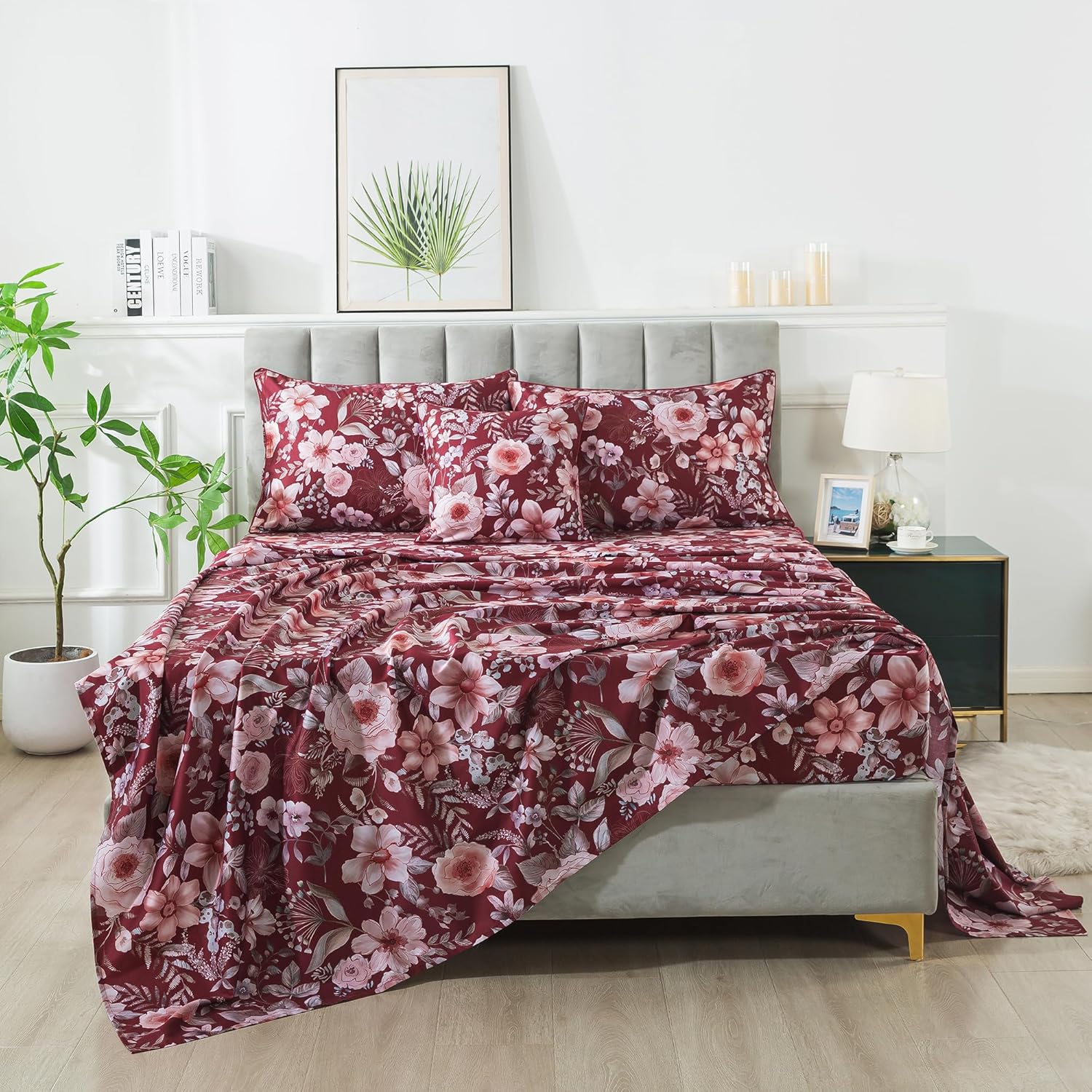 FADFAY Floral Sheets Set King Vintage Red Floral Bedding Shabby Pink Rose Elegant Peony Sheets Rustic Farmhouse Bedding 800 Thread Count 100% Egyptian Cotton Deep Pocket Fitted Sheet 4Pcs, King Size - Image 2