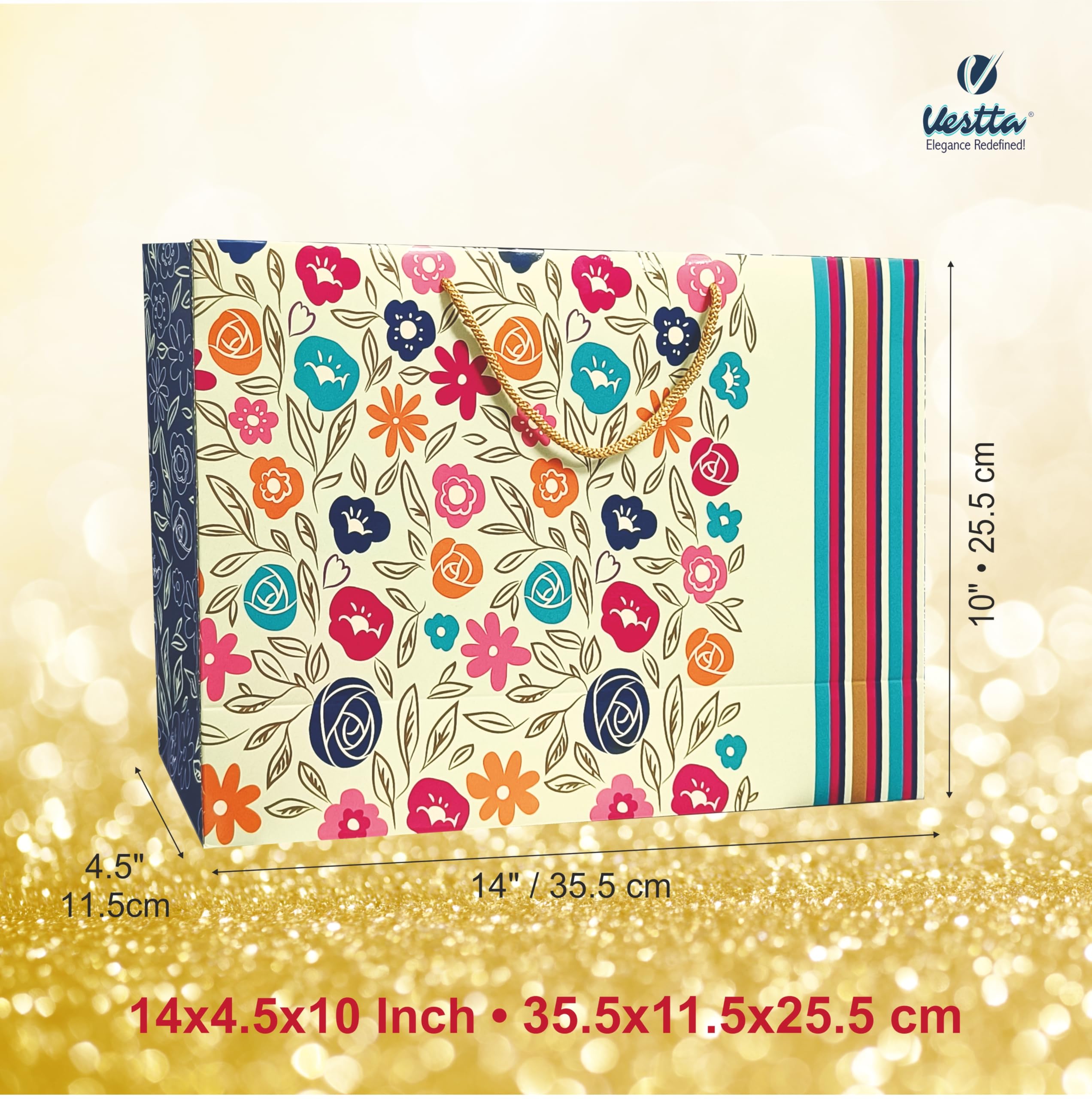 VESTTA -ELEGANCE REDEFINED Gifts Bags with Colourful Flowers, Pack of 10, Weddings, Birthdays, Diwali with Gift Tags (Large((14 Inch (L) x 4.5 Inch (B) x 10 Inch (H), Off-White) 1