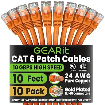 GEARit Cat6 Patch Cables Cat 6 Ethernet Cable 10 ft 10-Pack Orange