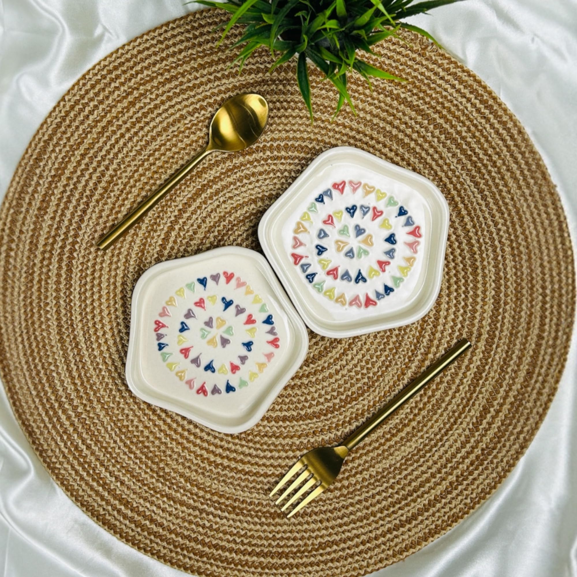 CERAMIC DINING Multicolour 3D Heart Ceramic Dessert Plates- Set of 2 || Snack Plates || Side Plates