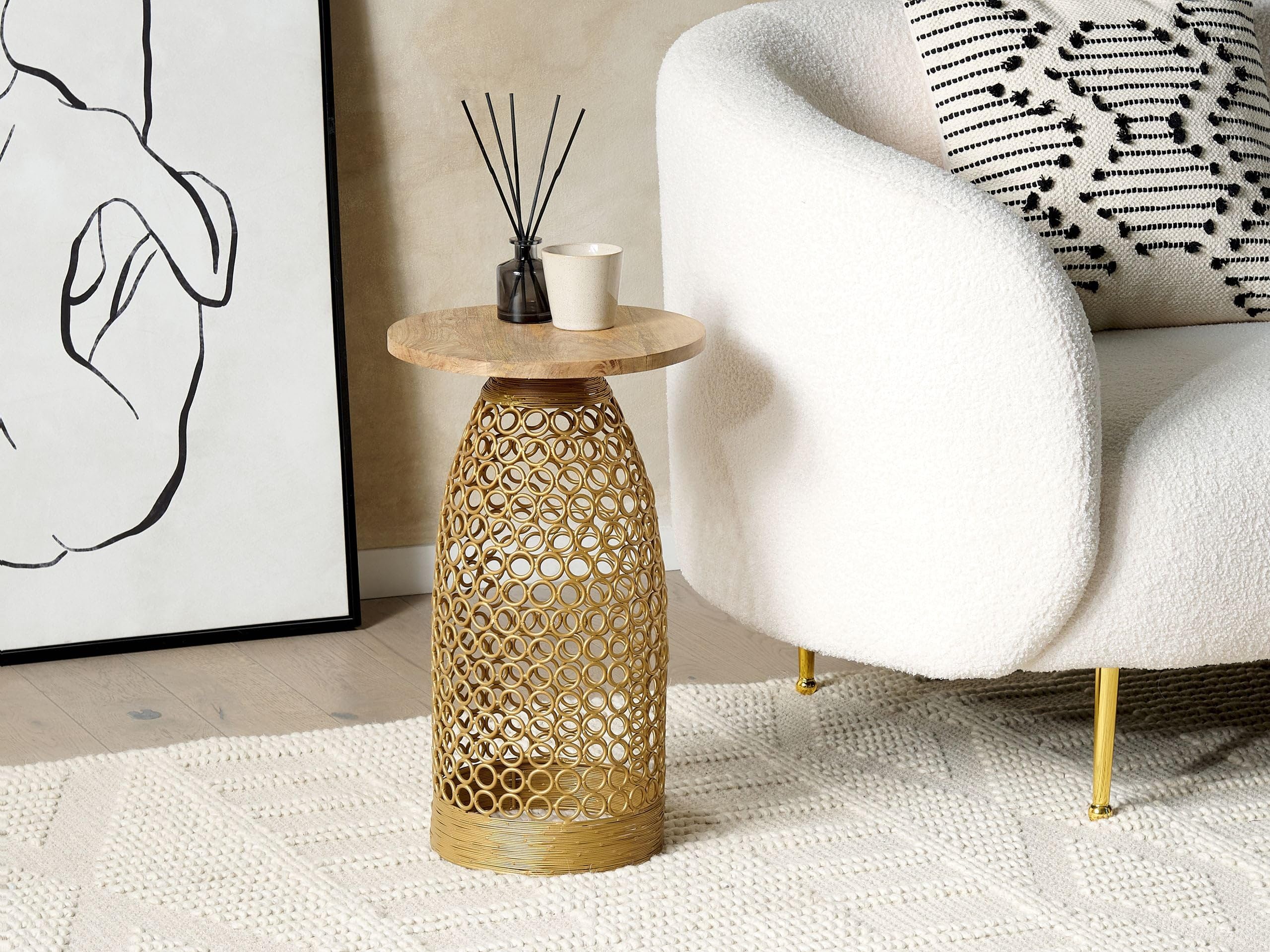 Beliani Beistelltisch Mango Holz rund ø 30 cm Heller Holzfarbton/Gold Modern Waihi