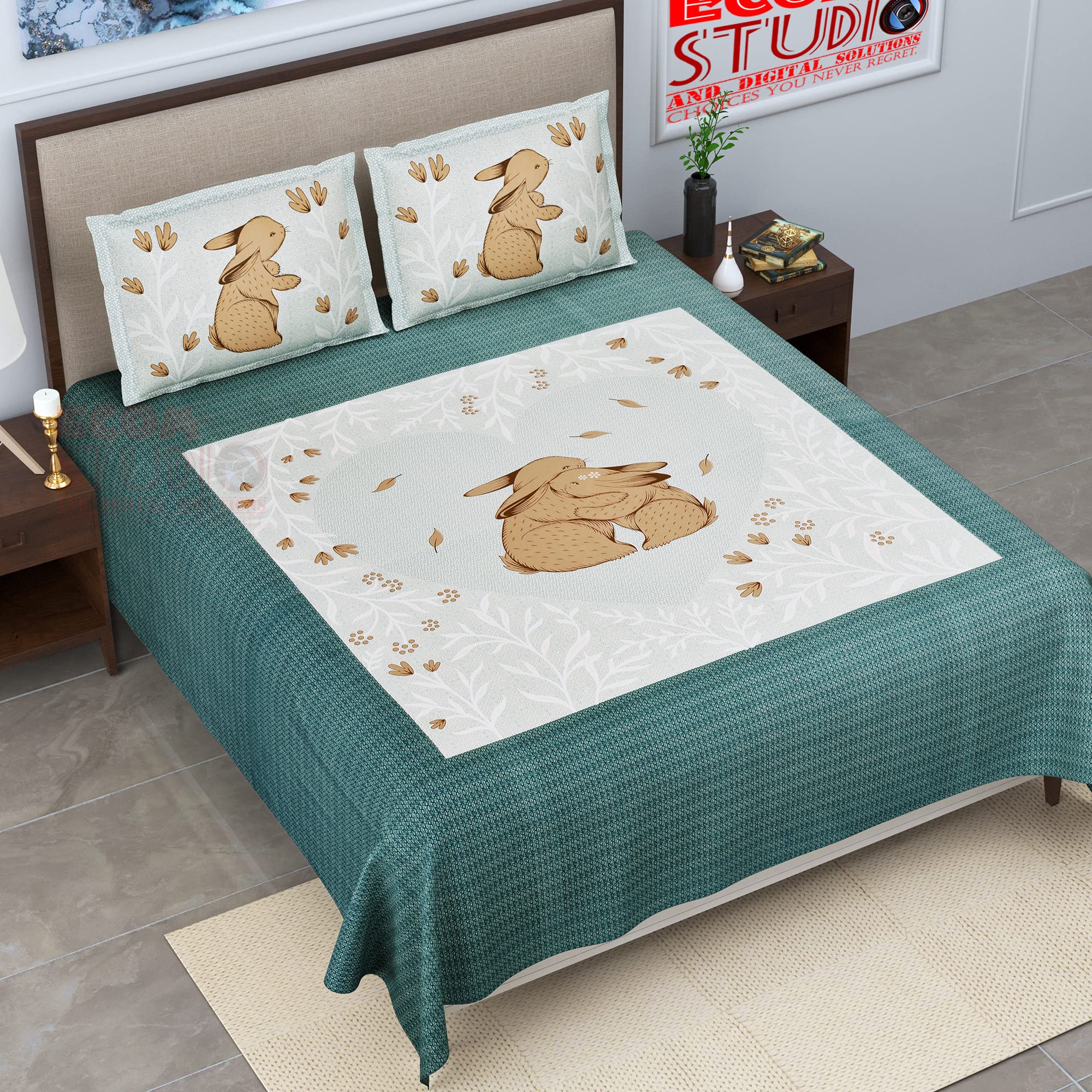 ECOM Studio -Super KING-108 in x108 in Bedsheet Sides Stitched with Zipper 2 Pillow Cover BUR-1003_WT Saige_Green