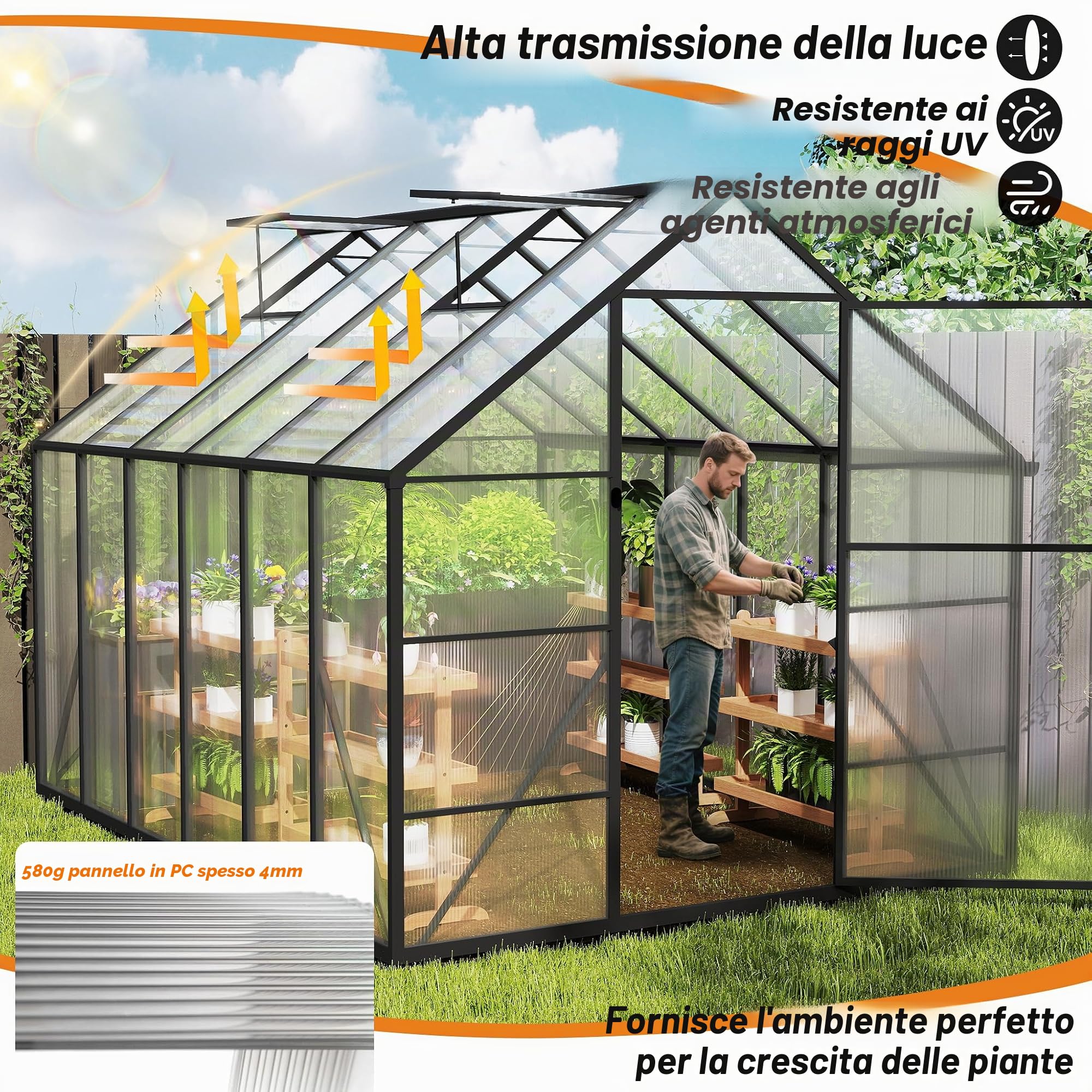Serra in alluminio con pannelli trasparenti PC, lucernario, porta e fondazioni, 305x250x205cm Inverno Tenda da Giardinaggio accessibile, vivaio di coltivazione per giardino ed esterno
