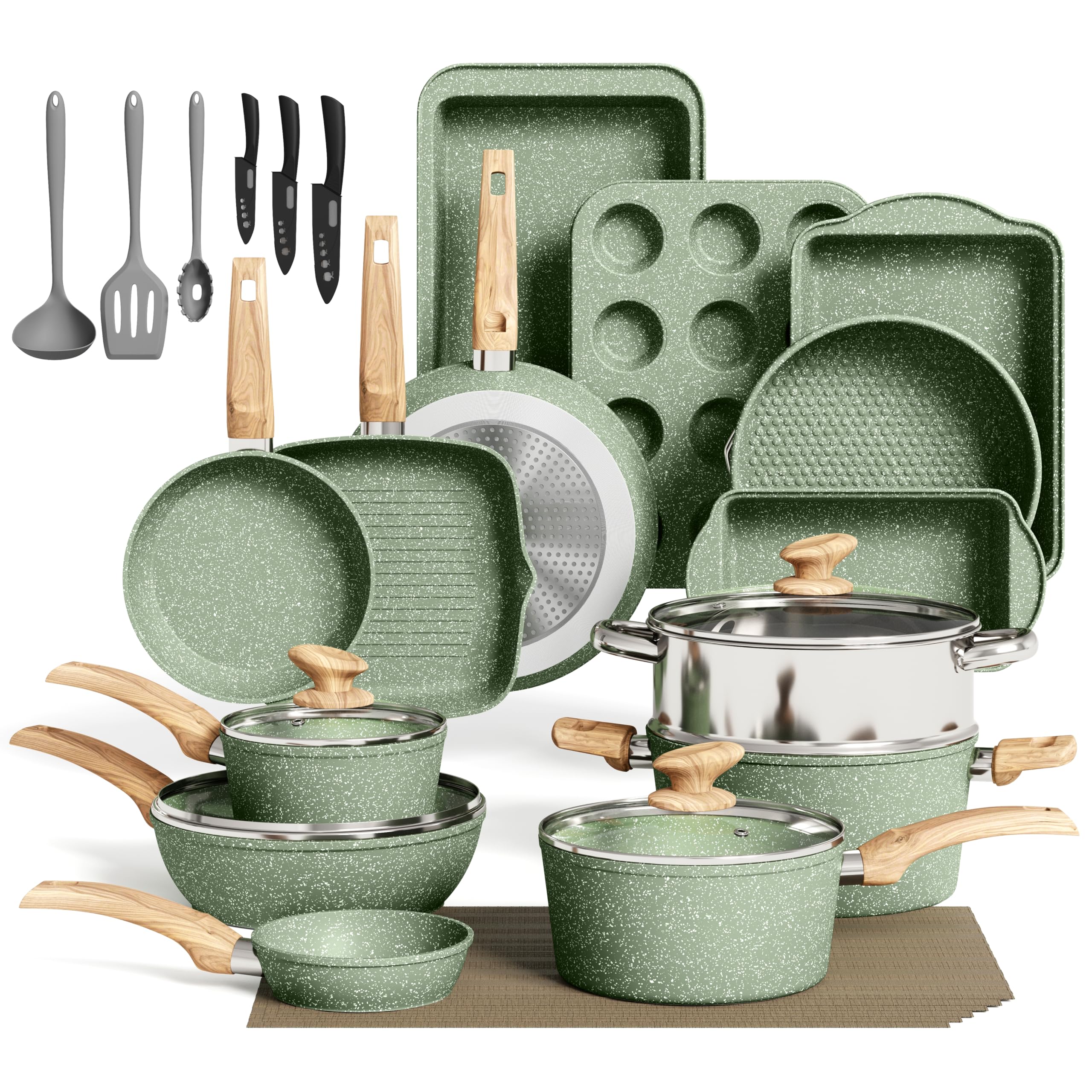 30 Piece Pots and Pans Set Non Stick, Kitchen Cookware & Bakeware Sets with Nonstick Granite Coating, Baking Tray, Frying Pan and Saucepan, Green