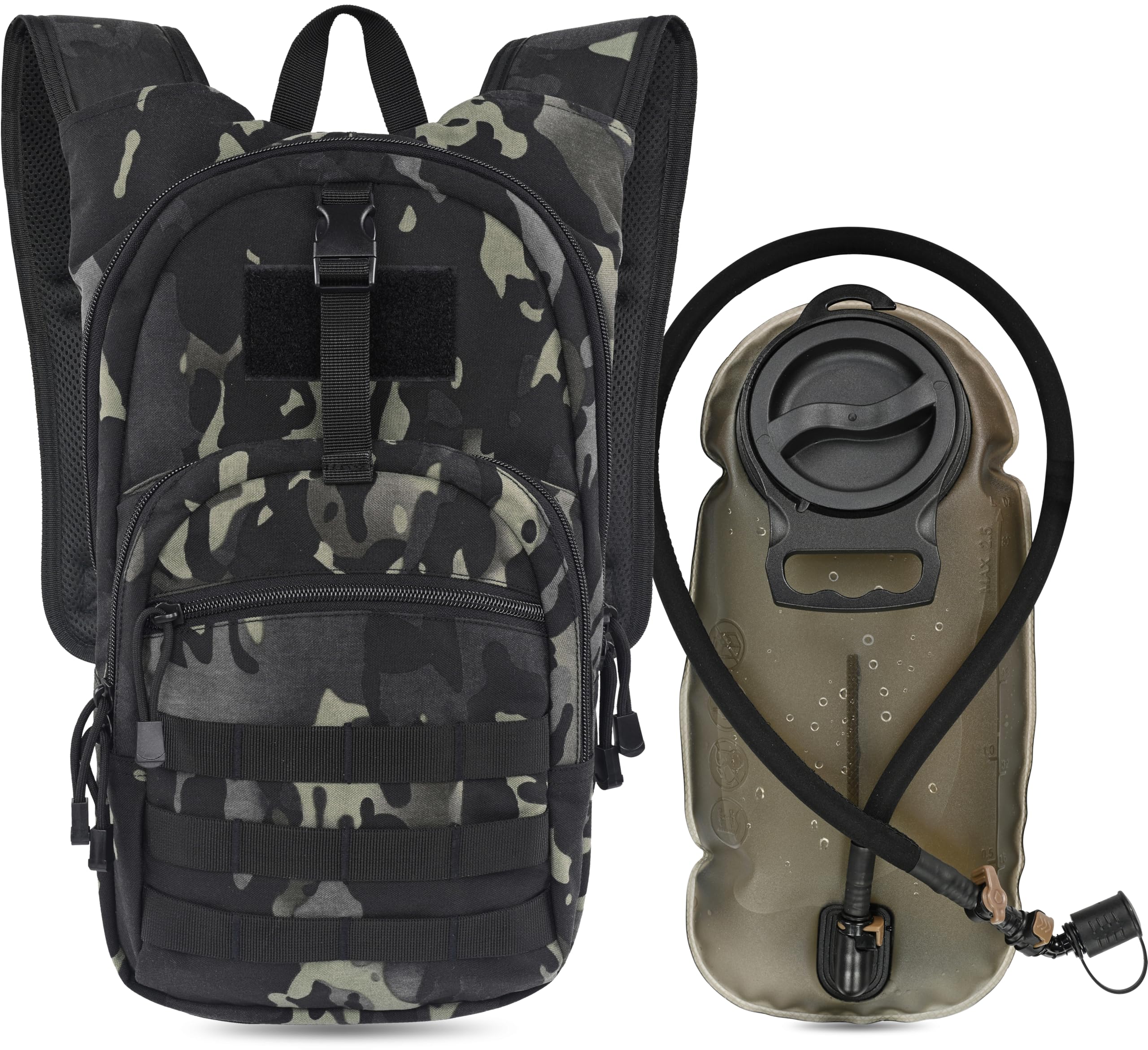 MARCHWAY Tactical Molle Hydration Pack with 2.5L TPU Water Bladder, Low-Profile Organized Military Backpack for Hiking, Cycling, Backpacking, Hunting, Running (Black Camo)