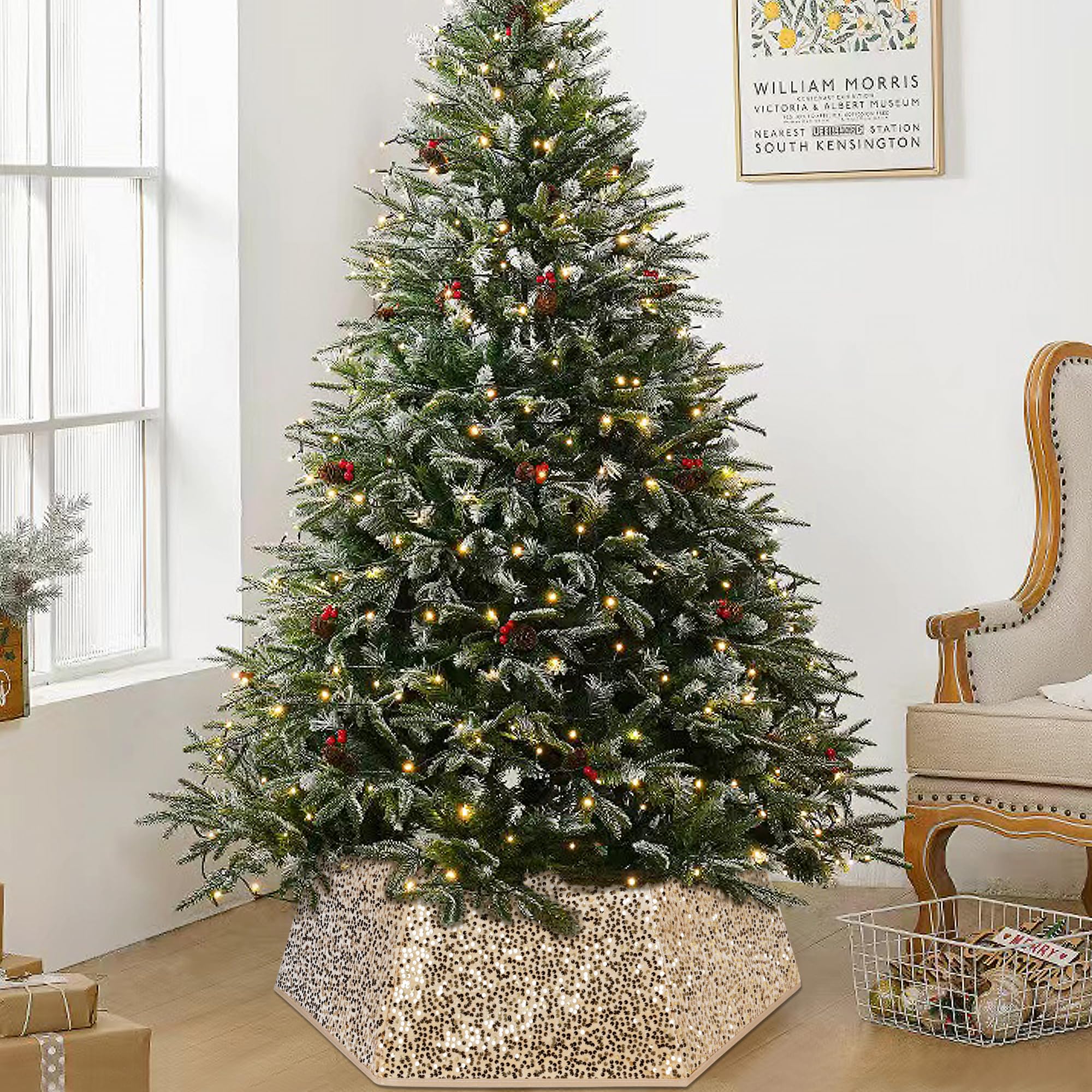 Guardwee Sequin Christmas Collar for Artificial Trees - Foldable Hexagon Decoration, Christmas Base Cover for Xmas, Indoor Gold