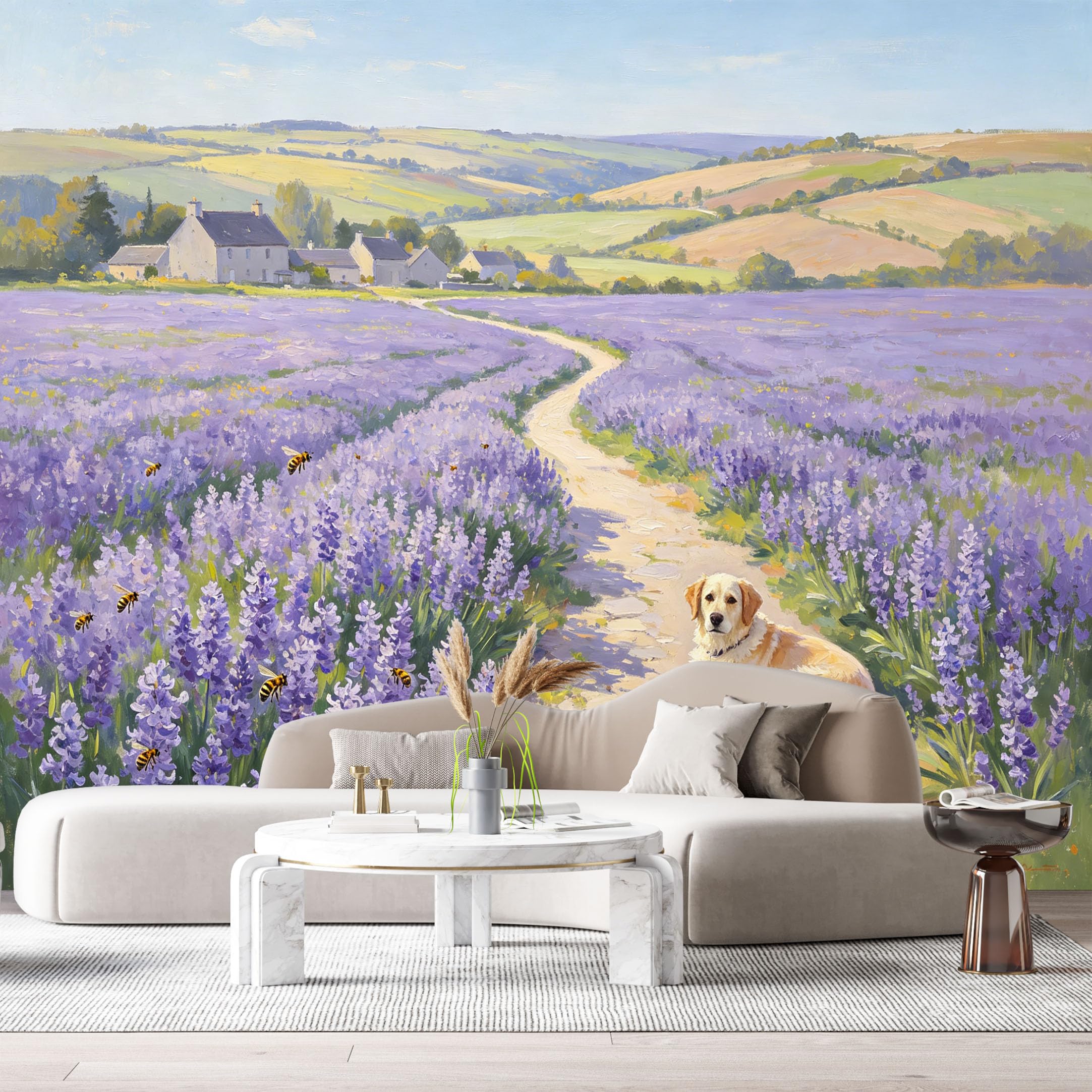 Custom Size Wall Murals Lavender Field Farmhouse Oil Painting Countryside Path SelfAdhesive Wall Fabric Removable Large Wallpaper for Photo Living Room